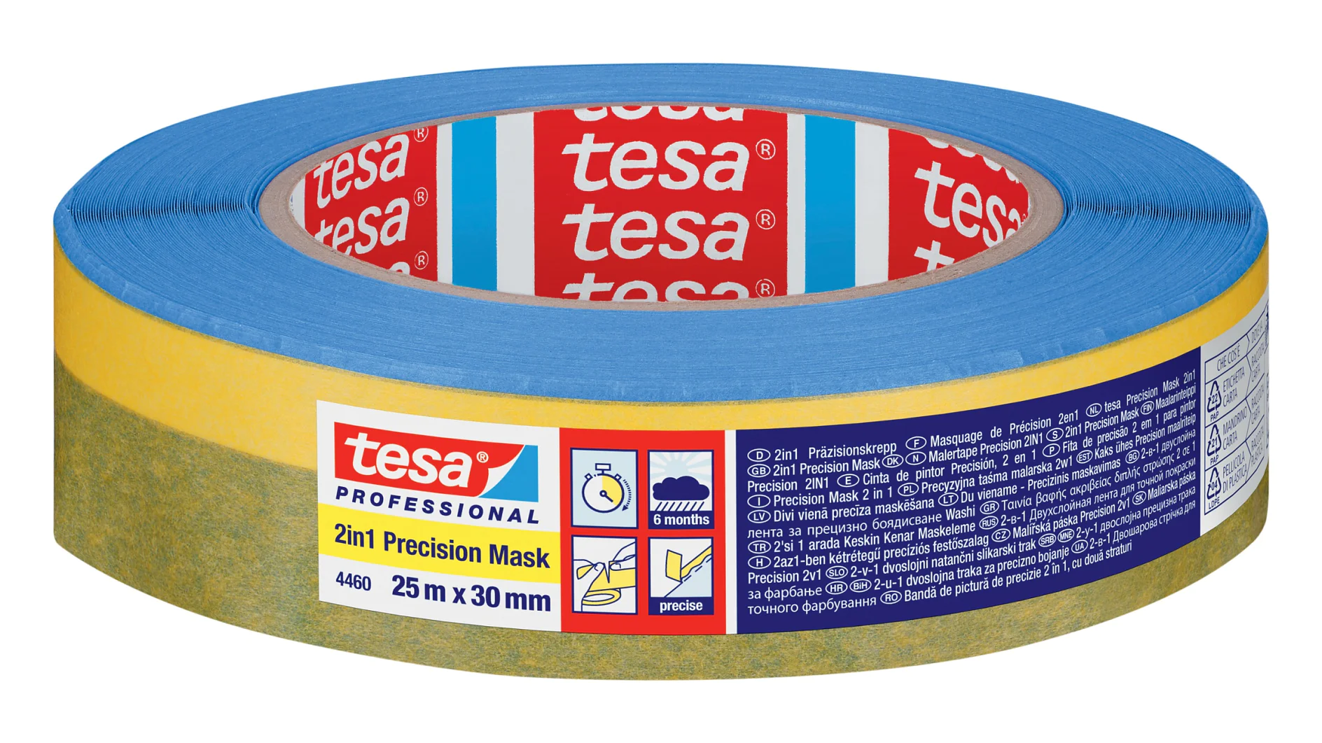 tesa is expanding its professional range for painters and craftspeople with new products. A roll of tesa tape, blue with a yellow strip; label displays product info, 25m x 30mm size, and usage instructions. (This text has been generated by AI)