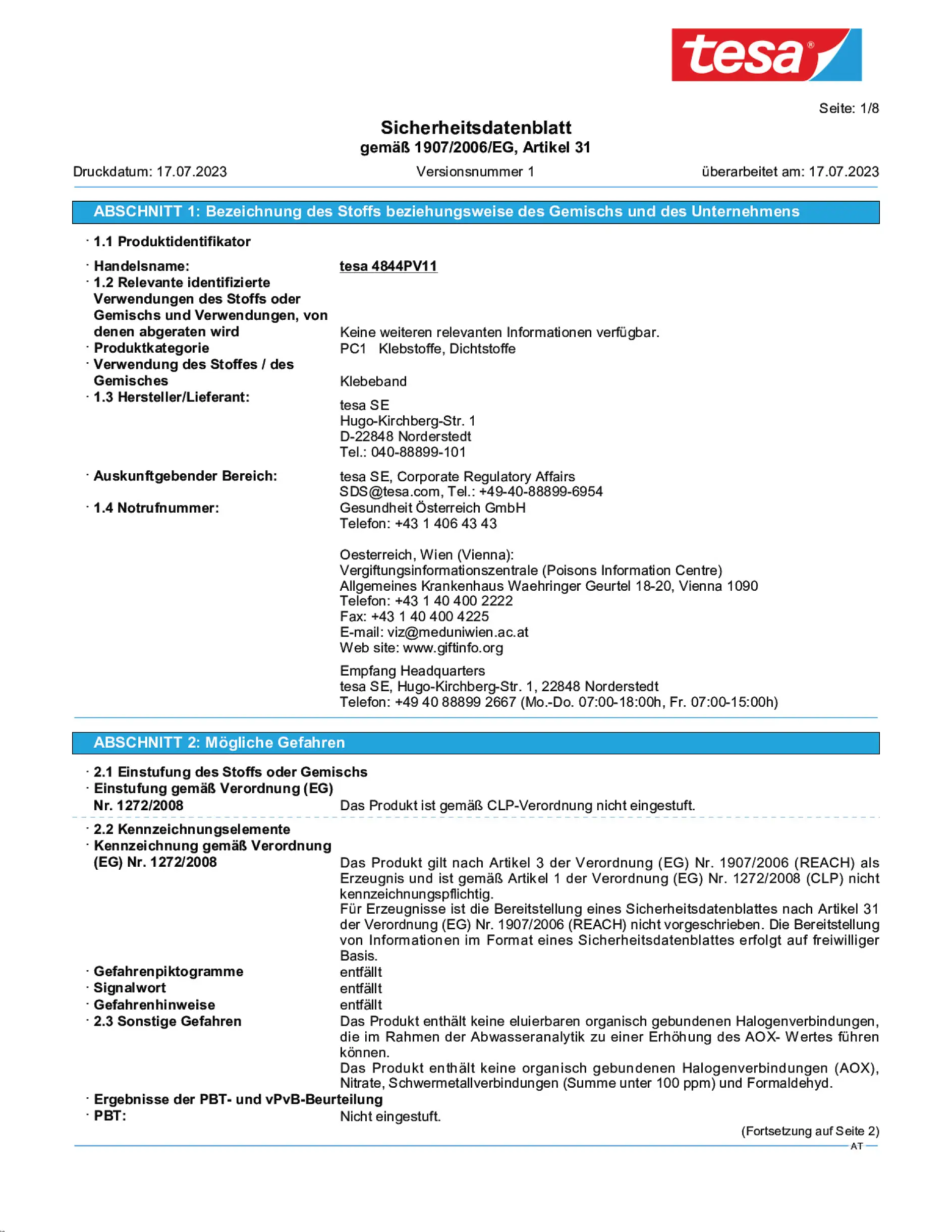 Safety data sheet_tesa® Professional 67001_de-AT_v1