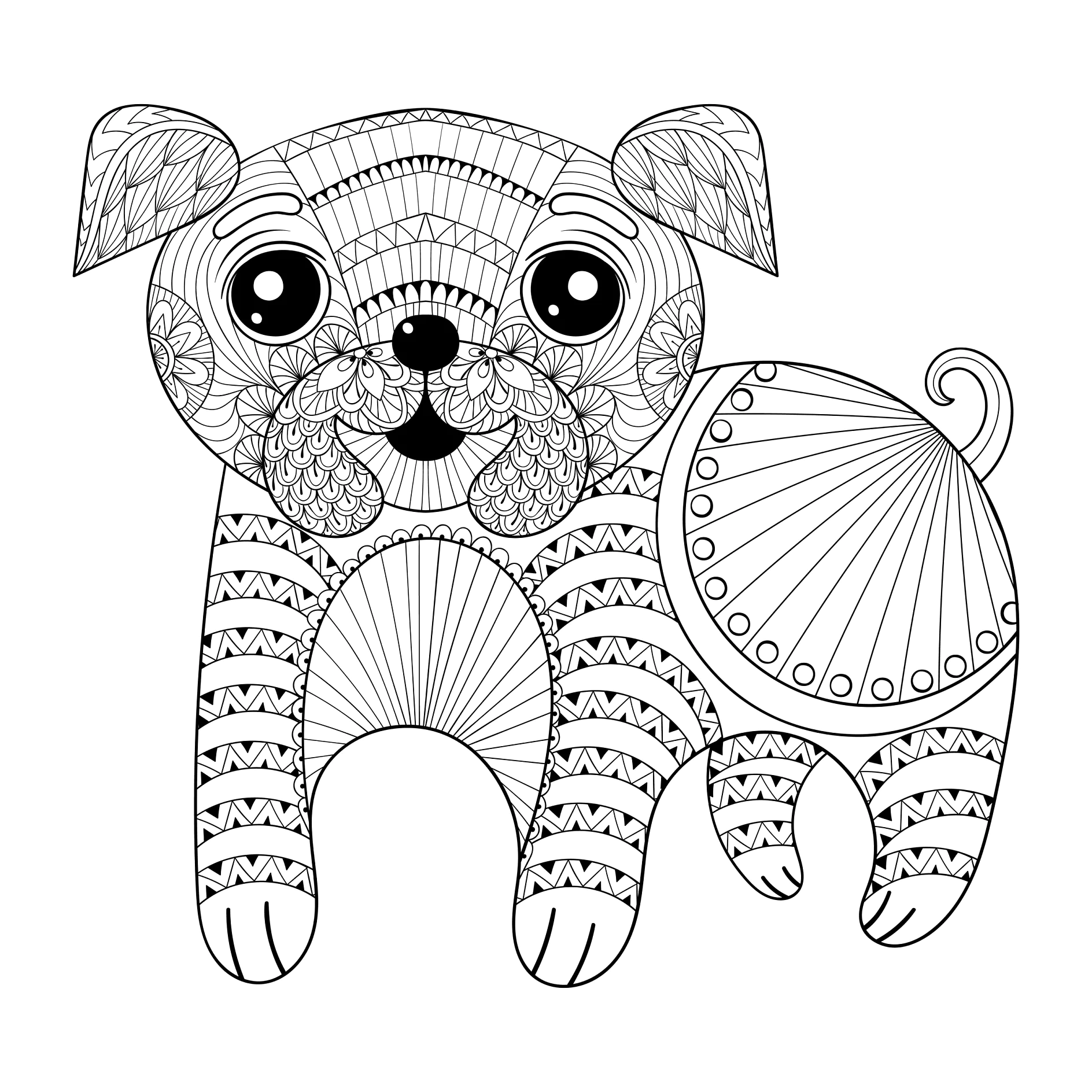 Zentangle Hand drawing Dog for antistress coloring pages, post card, t-shirt print, logo. Child illustration with funny little pug puppy. Doodle sytle, tattoo monochrome design.