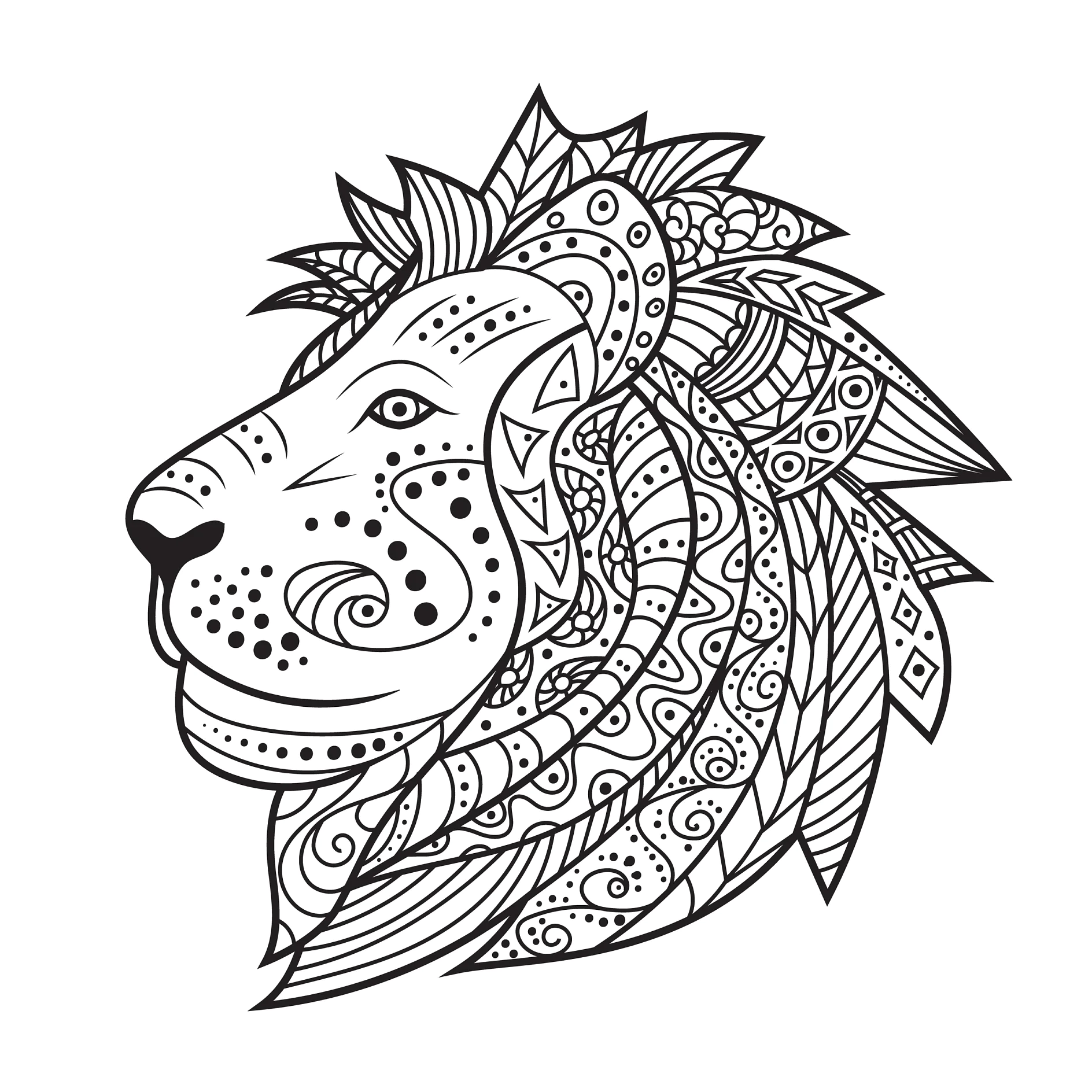 Hand drawn lion isolated on white background. Vector illustration for tattoo, poster, print t-shirt. Abstract hipster leo icon. Black and white colors. Ethnic head of doodle lion. Coloring pages book.