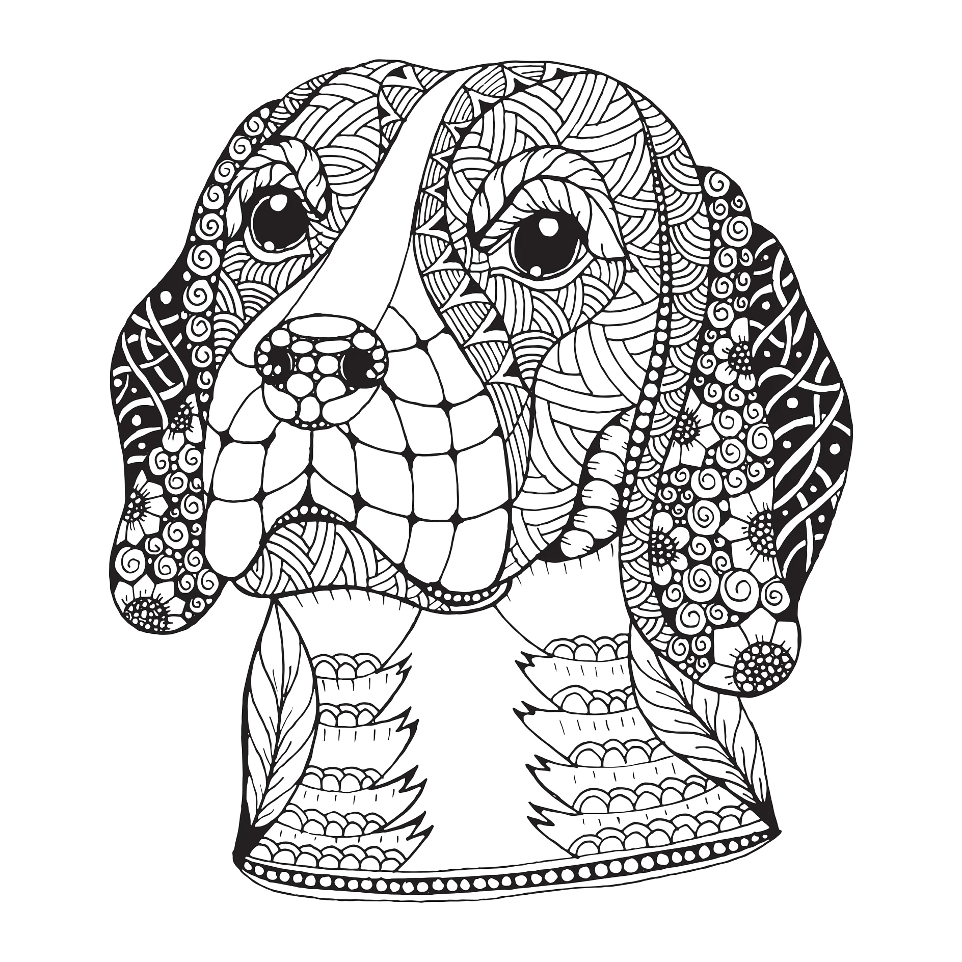 Beagle dog head zentangle stylized, vector, illustration, freehand pencil, hand drawn, pattern. Zen art. Ornate vector. Lace. Print for t-shirts and coloring books.