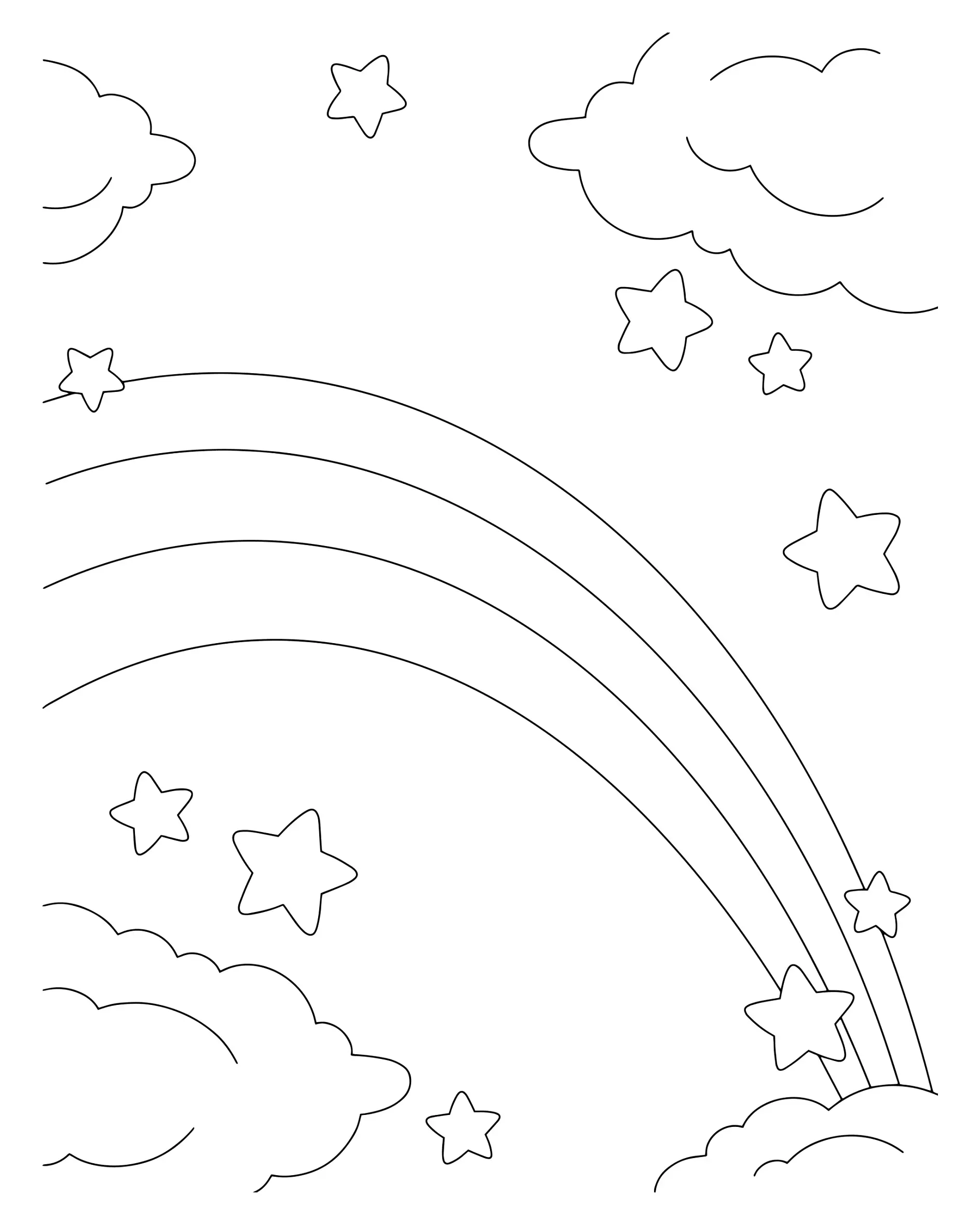 Scene with rainbow, cloud and stars. Coloring book page for kids. Cartoon style character. Vector illustration isolated on white background.
