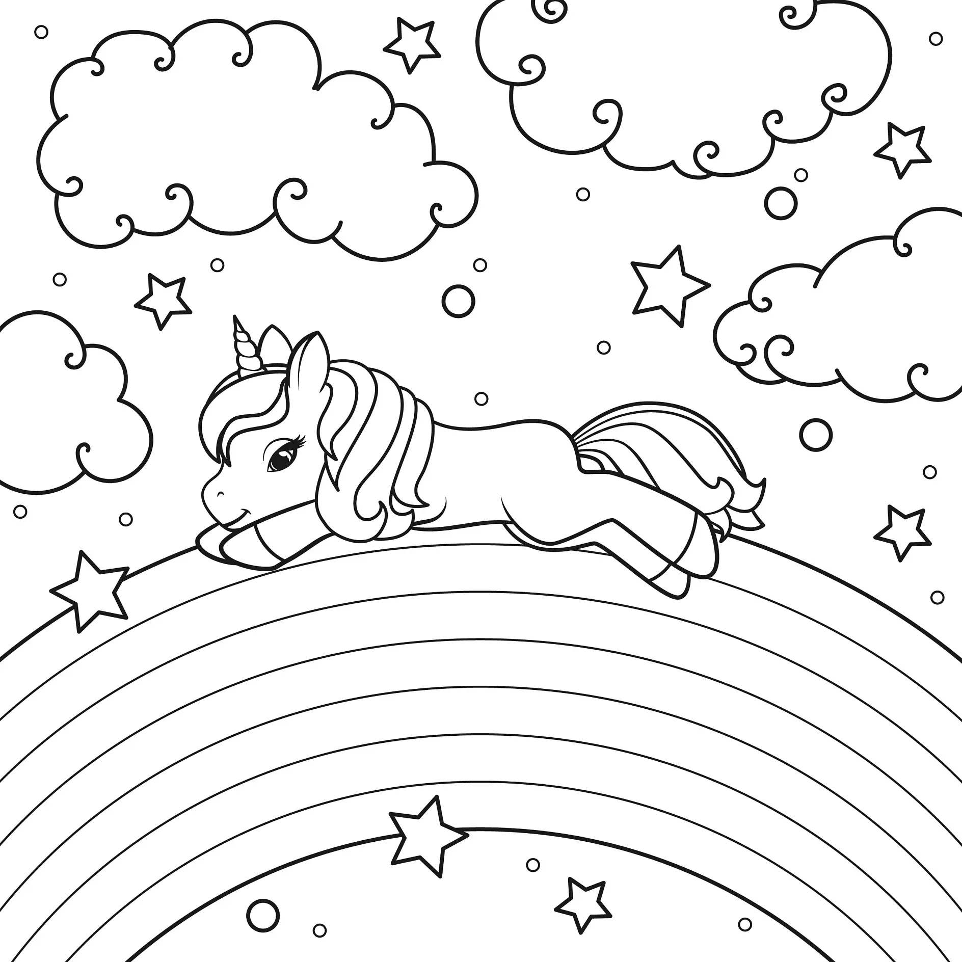 The unicorn lies on the rainbow against the background of the starry sky. Coloring book page. Illustration on transparent background