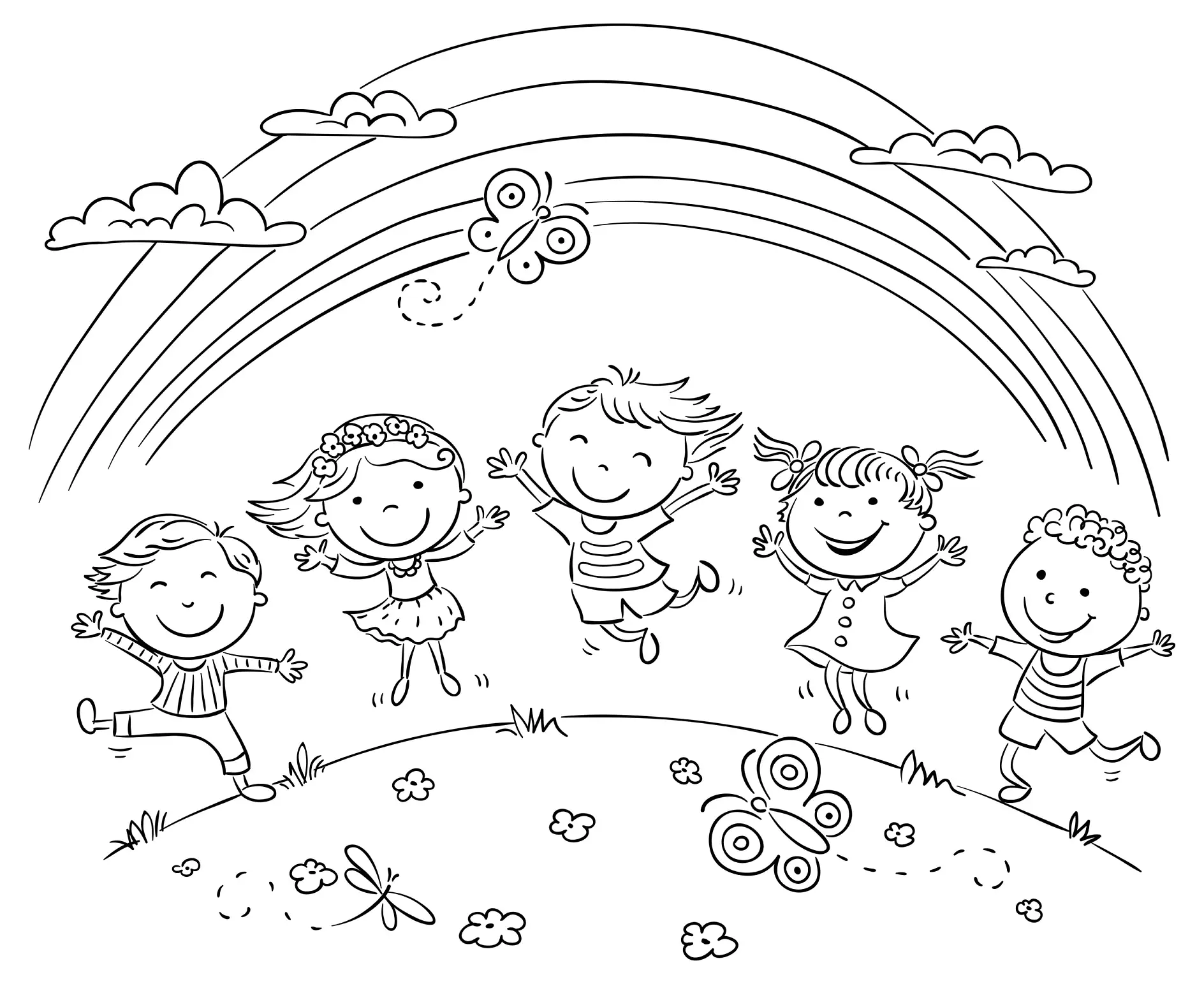 Kids jumping with joy on a hill under rainbow, black and white outline