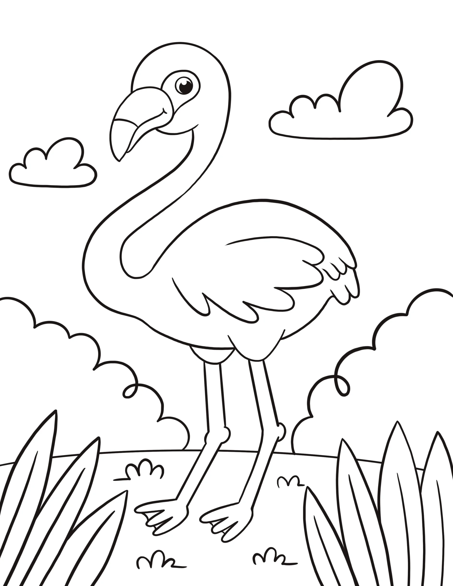 Ausmalbild Flamingo steht auf einer Wiese mit Wolken