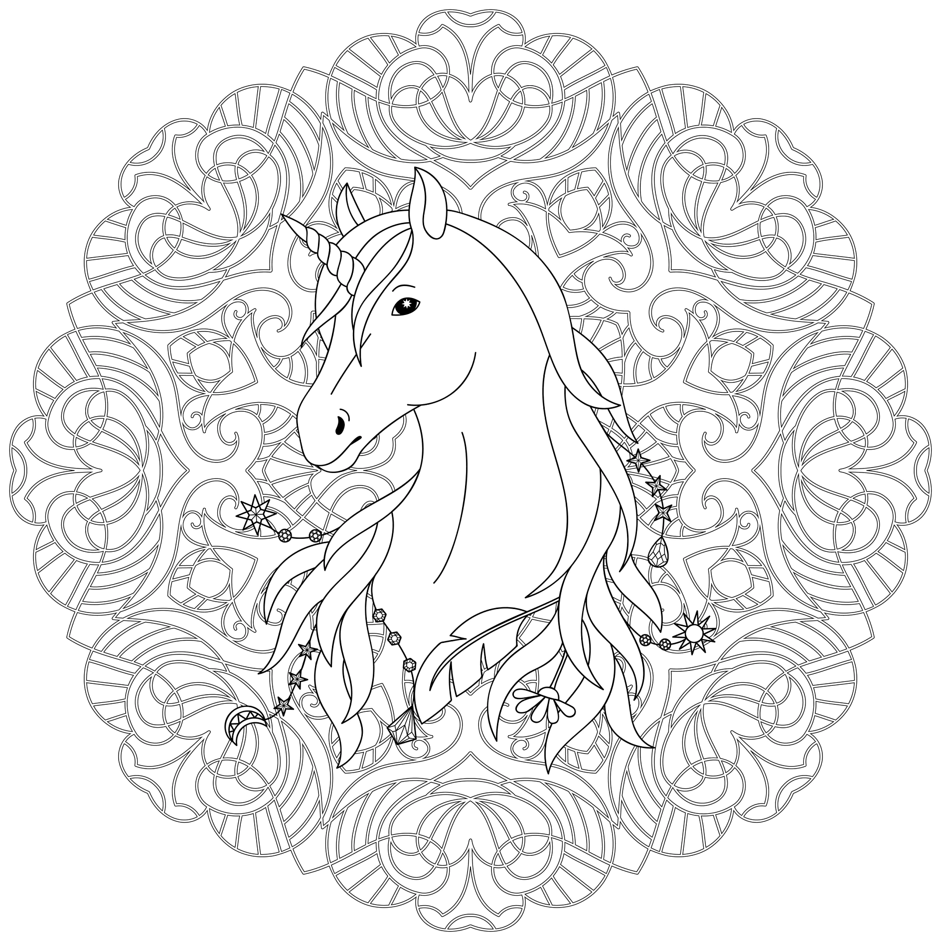 Ausmalbild Mandala Einhorn mit Blumenmuster