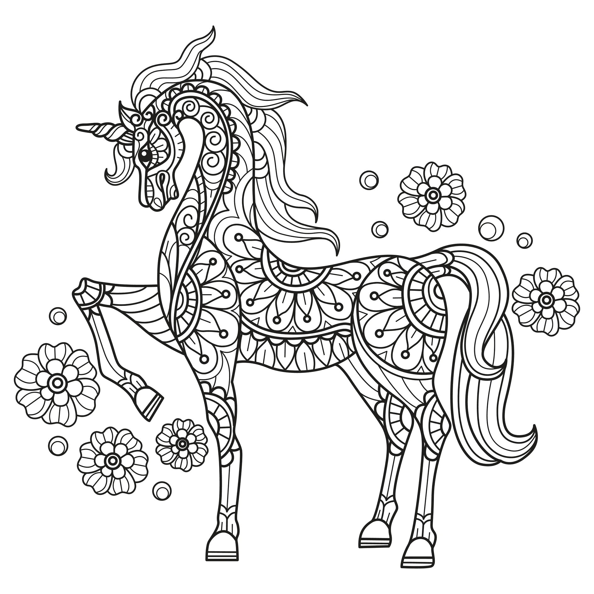 Ausmalbild Mandala Einhorn mit floralen Mustern und Blumen