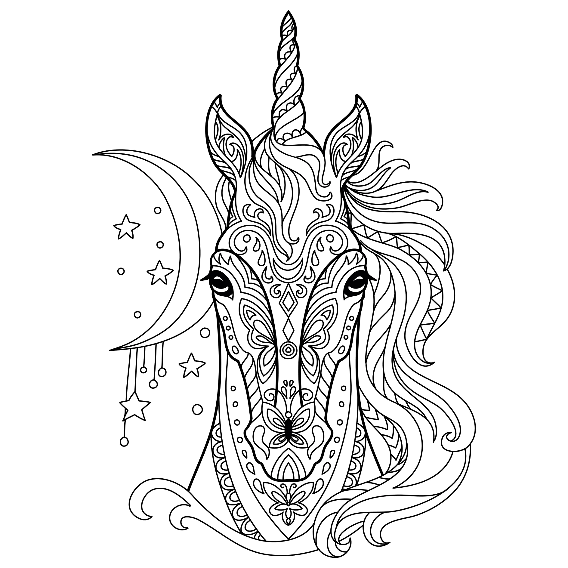 Ausmalbild Mandala Einhorn mit Mond und Sternen