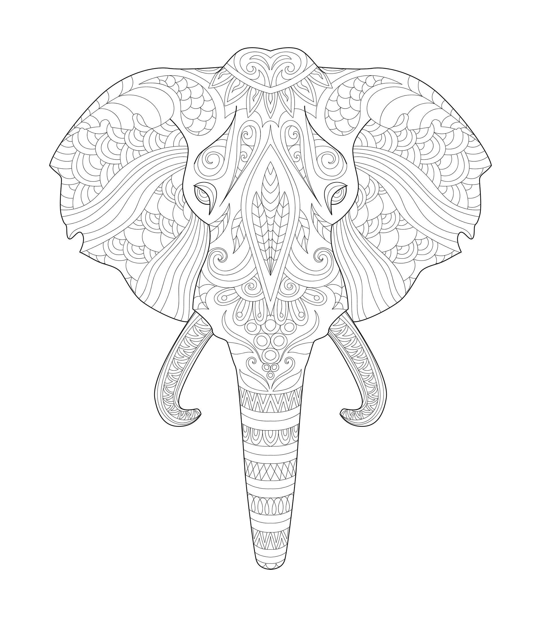 Ausmalbild Mandala Elefant mit detaillierten Mustern