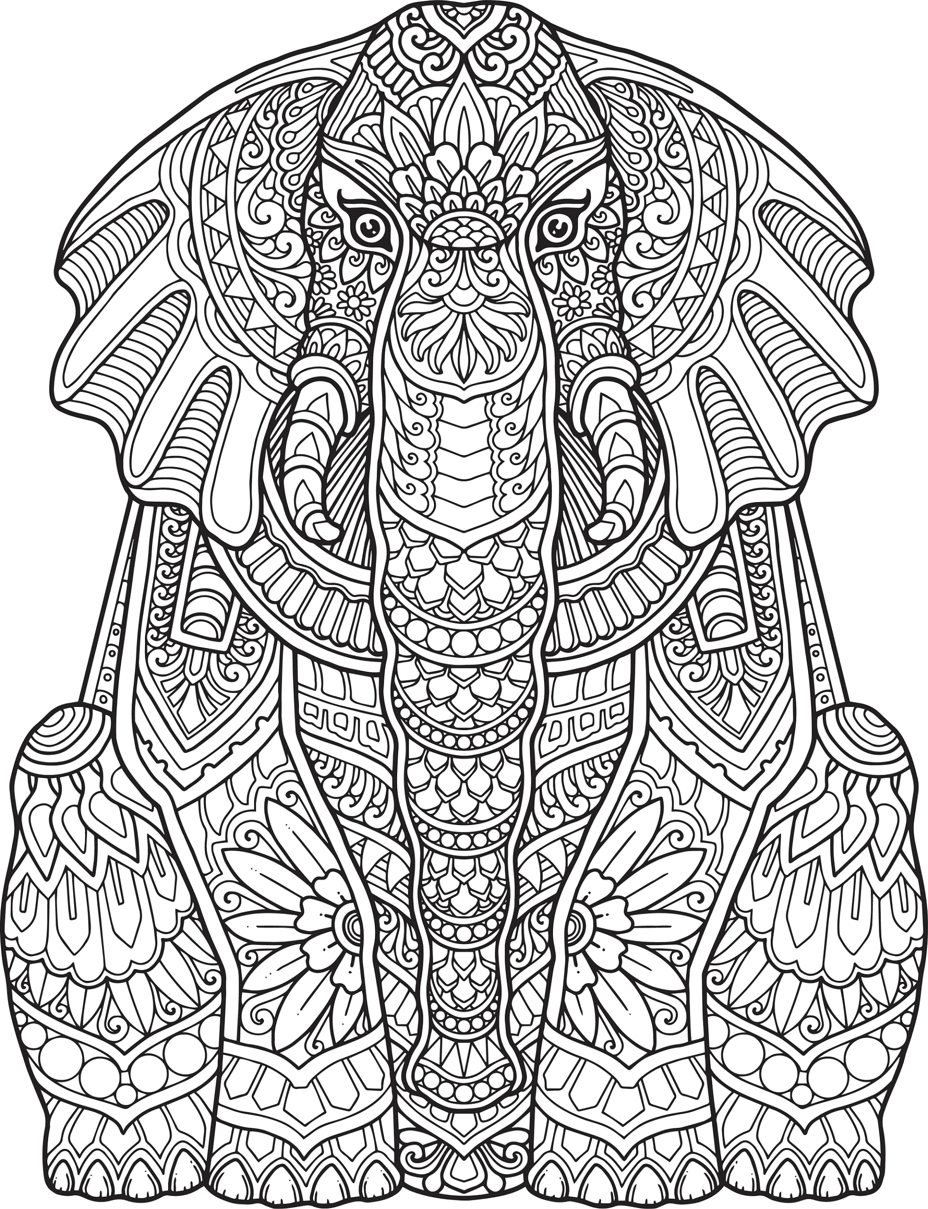 Ausmalbild Mandala Elefant mit detaillierten Ornamenten und Verzierungen