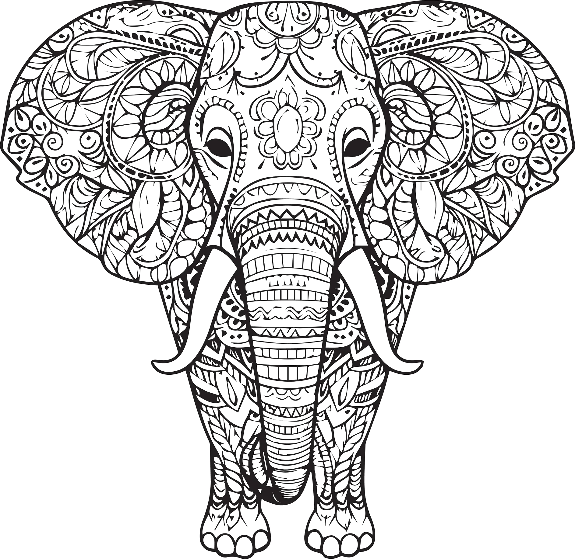 Ausmalbild Mandala Elefant mit detaillierten Ornamenten