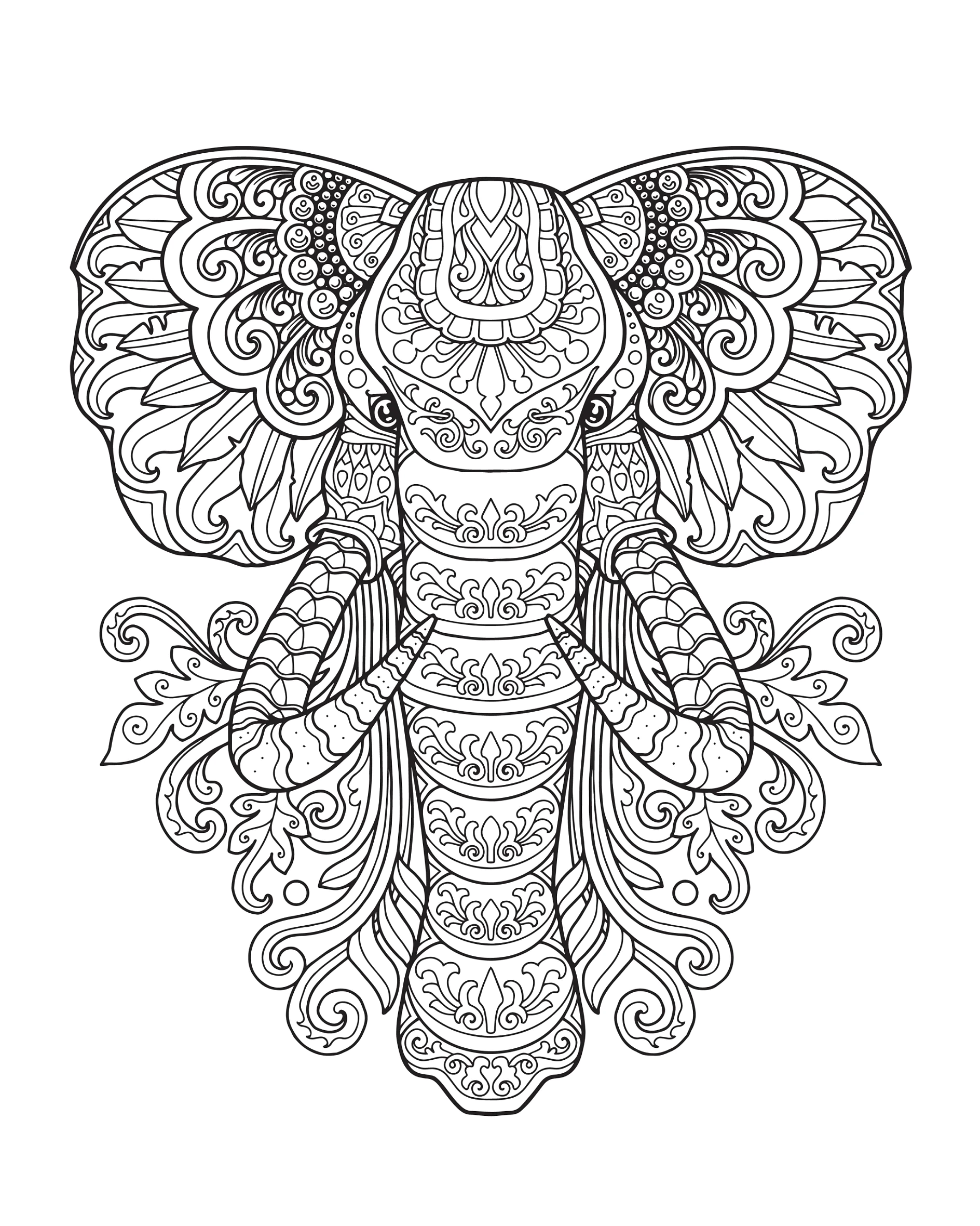 Ausmalbild Mandala Elefant mit detaillierten Verzierungen und Blumenornamenten