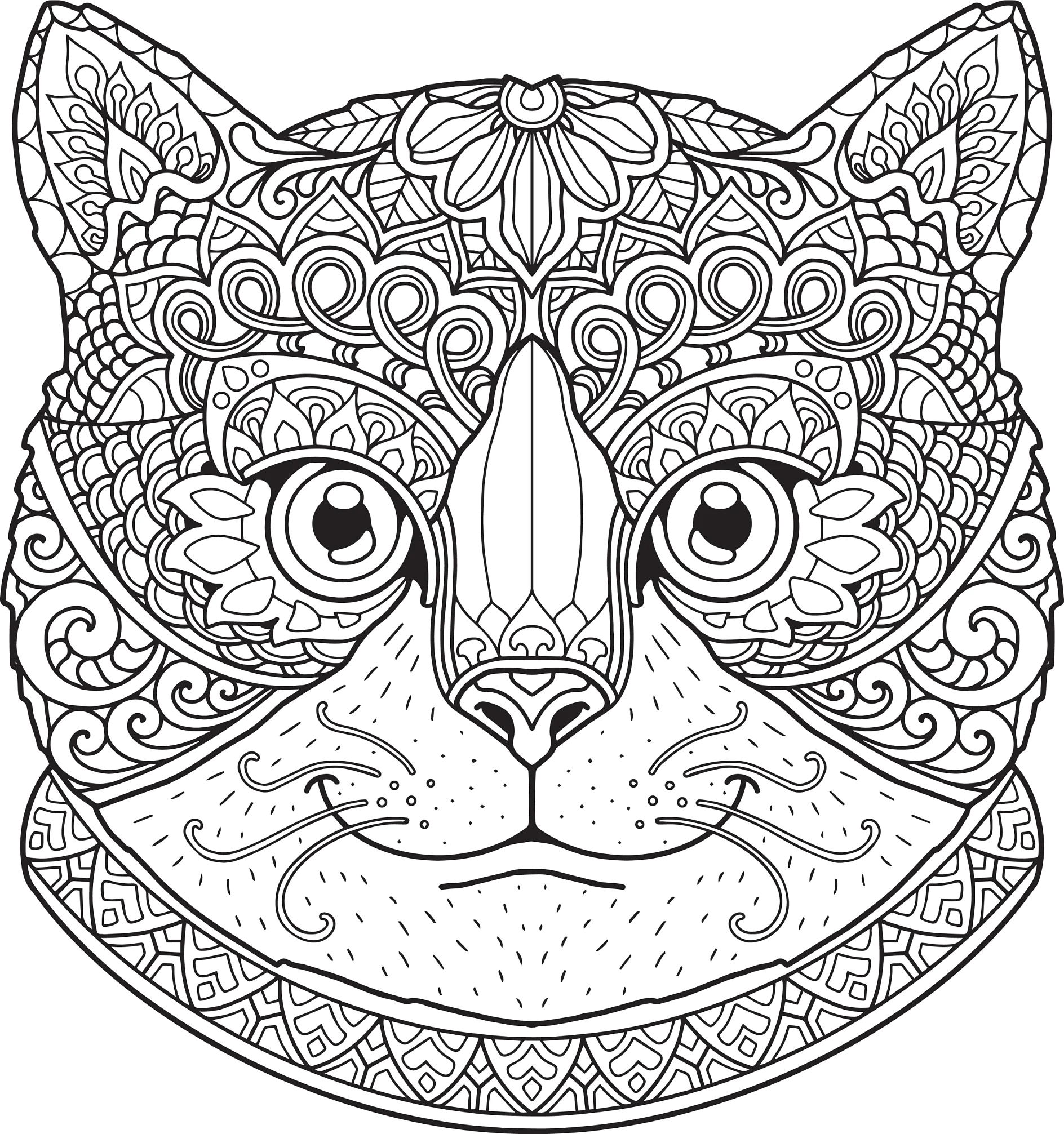 Ausmalbild Mandala Katze mit kunstvollen Mustern