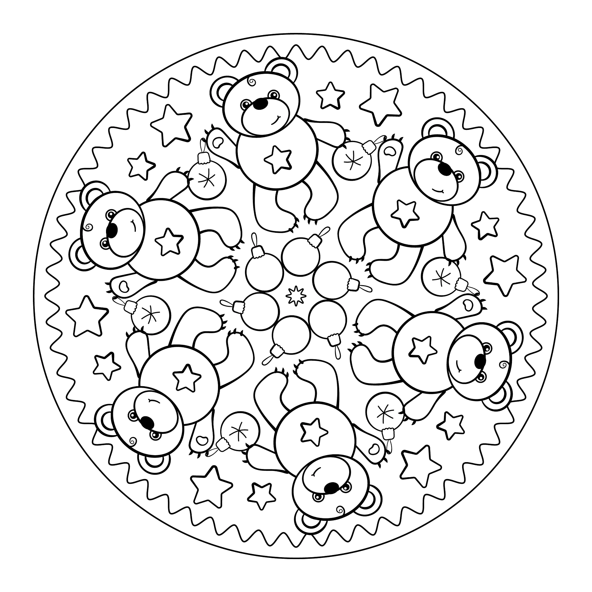 Ausmalbild Mandala mit Bären und Sternen