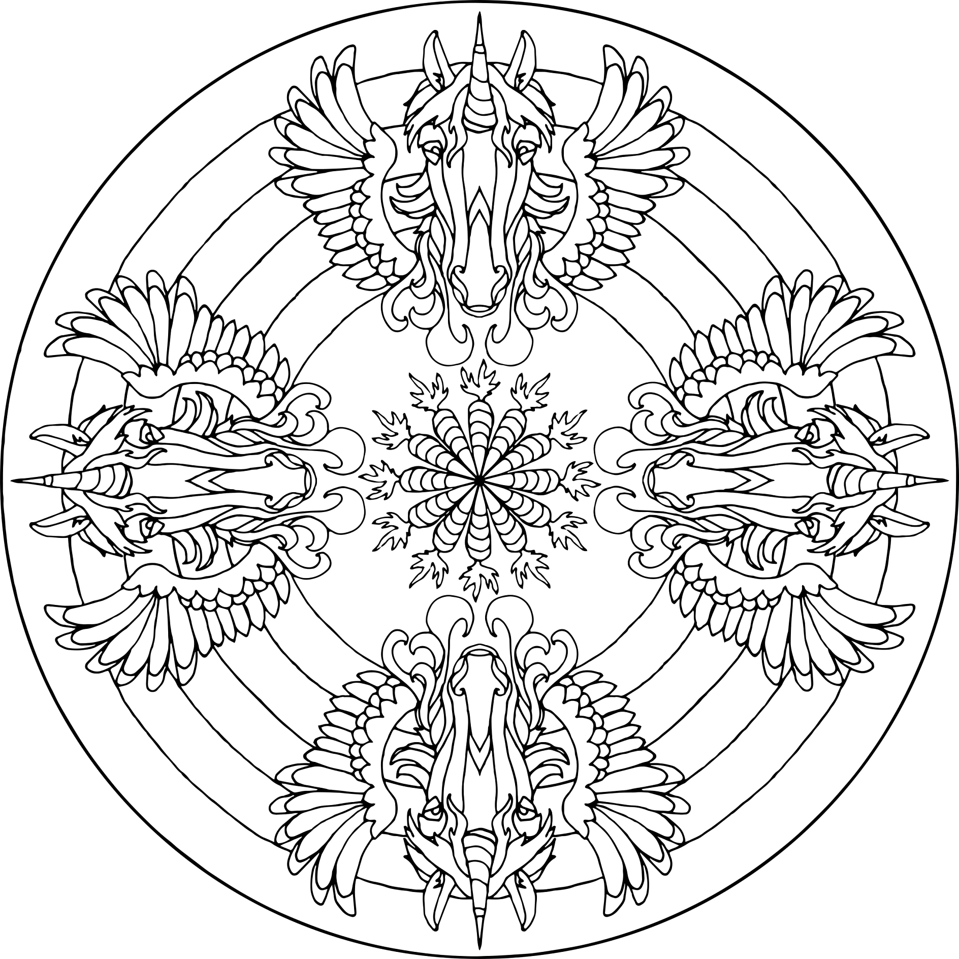 Ausmalbild Mandala mit geflügelten Einhörnern und Ornamenten