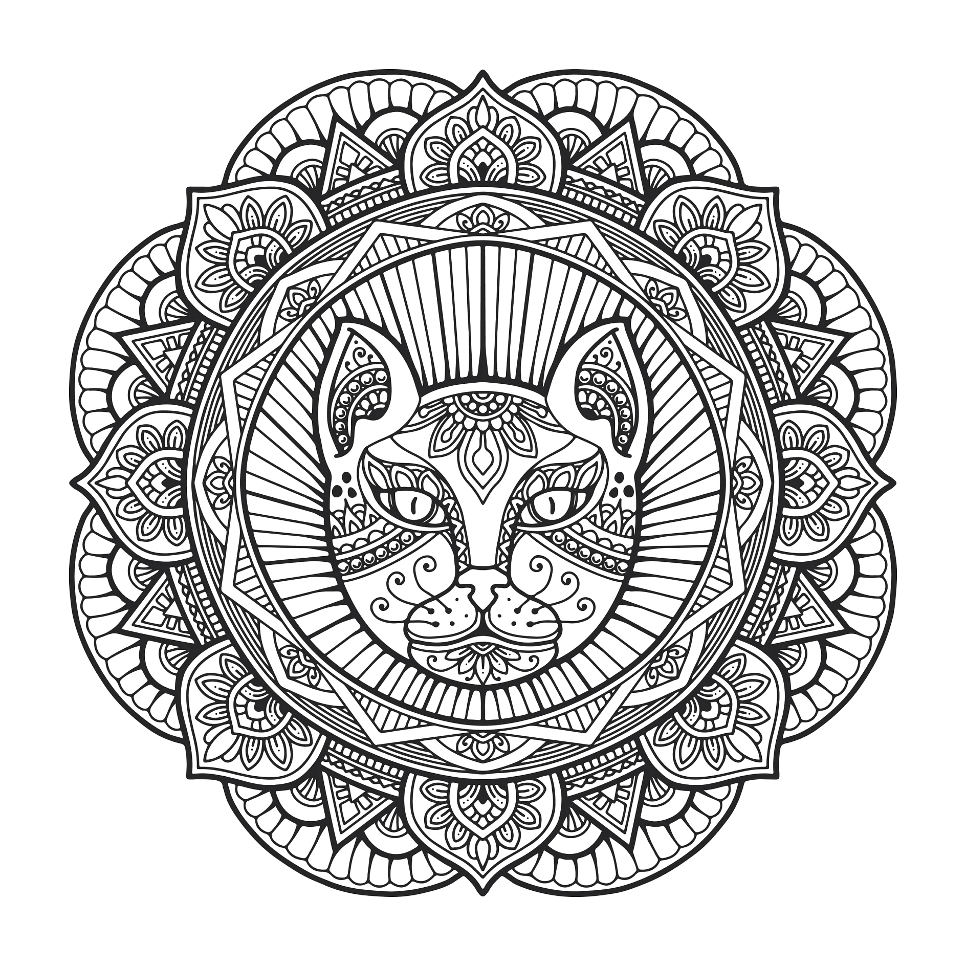 Ausmalbild Mandala mit Katze und symmetrischen Mustern