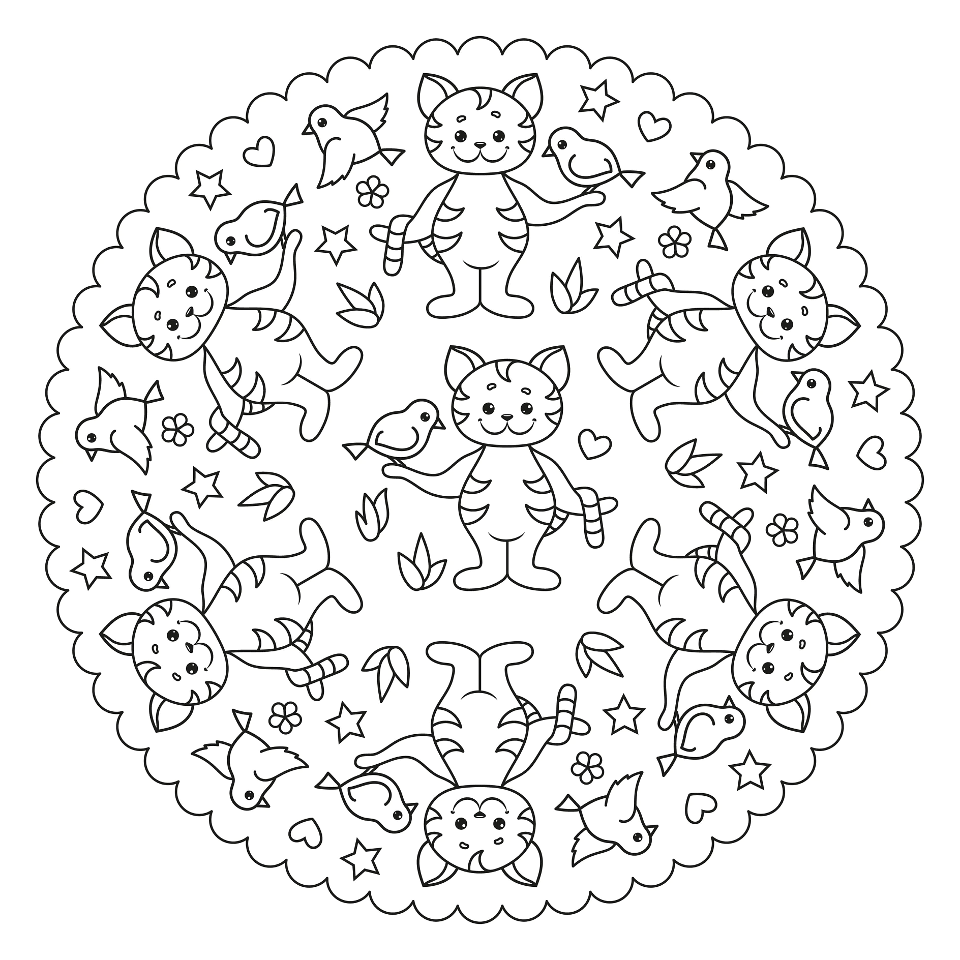 Ausmalbild Mandala mit Katzen und Vögeln