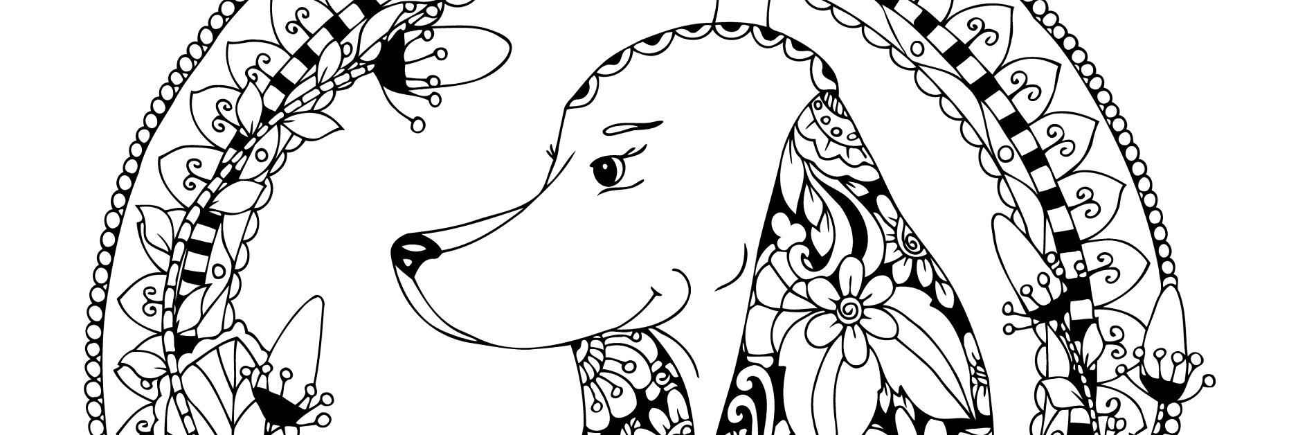 Vector illustration Zen Tangle Dog in round frame floral. Doodle Art. Coloring book anti stress for adults. Black and white.