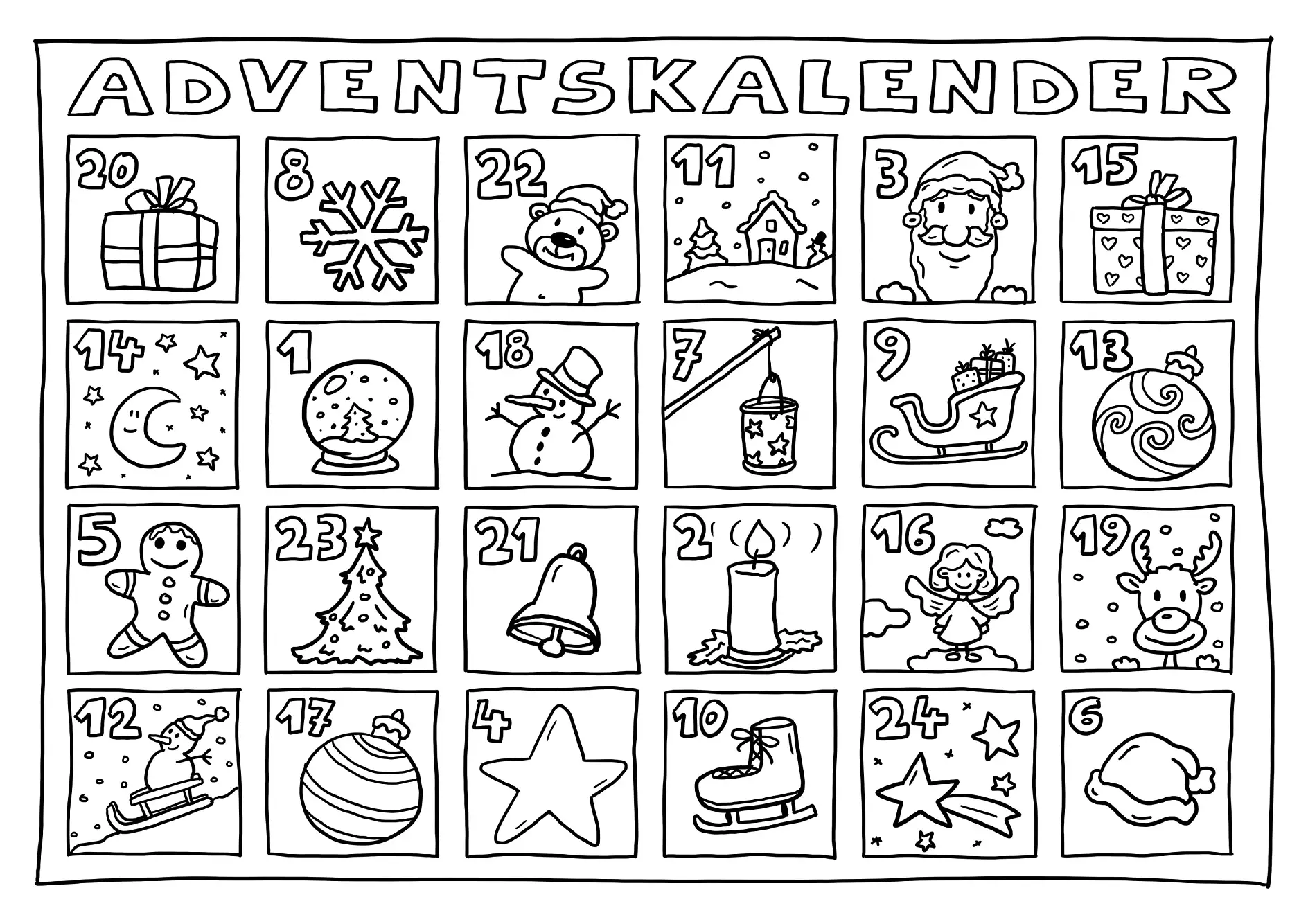 Ausmalbild Adventskalender Weihnachtsmotive Zahlen