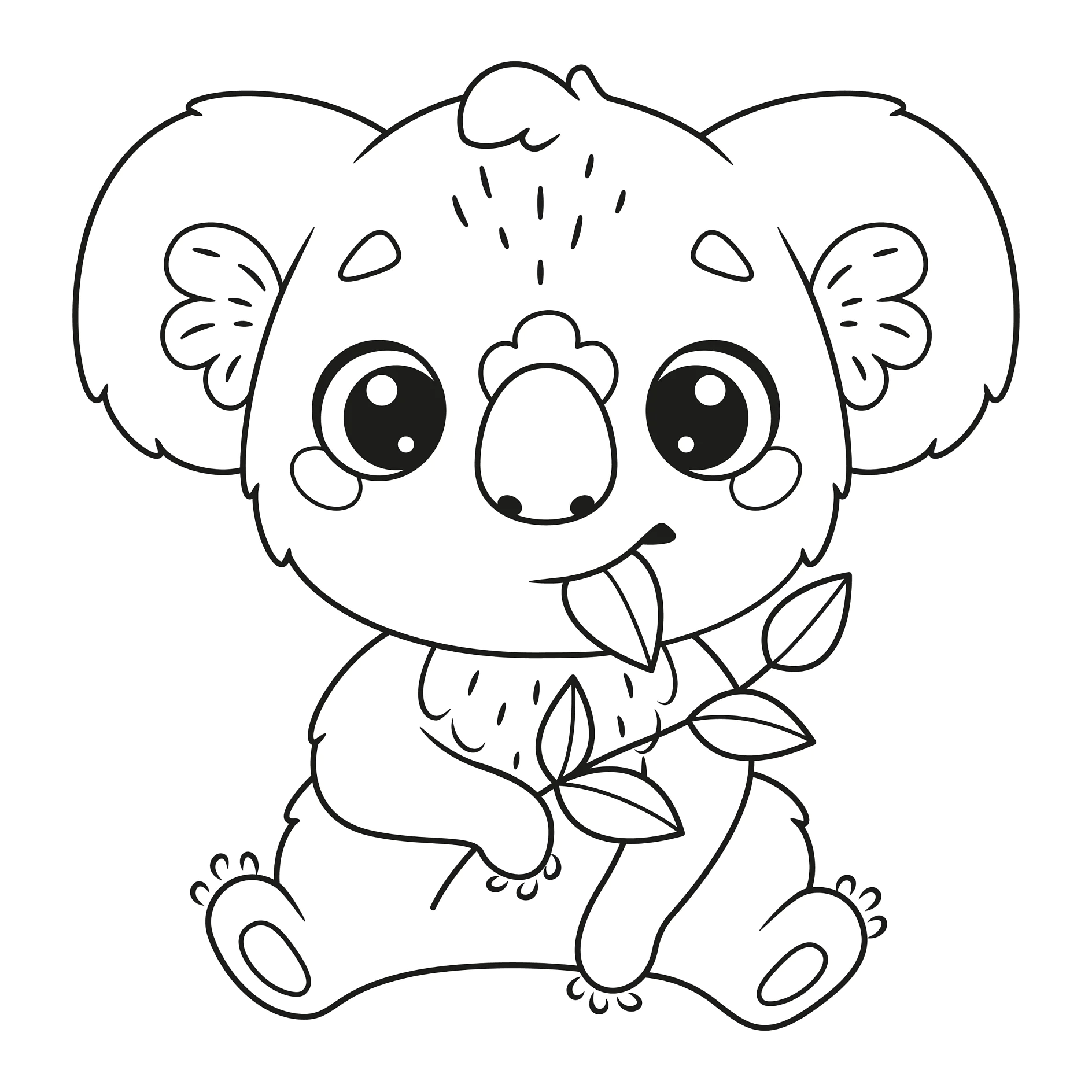 Ausmalbild Koala mit Eukalyptusblatt im MundCute koala eating leaves coloring page