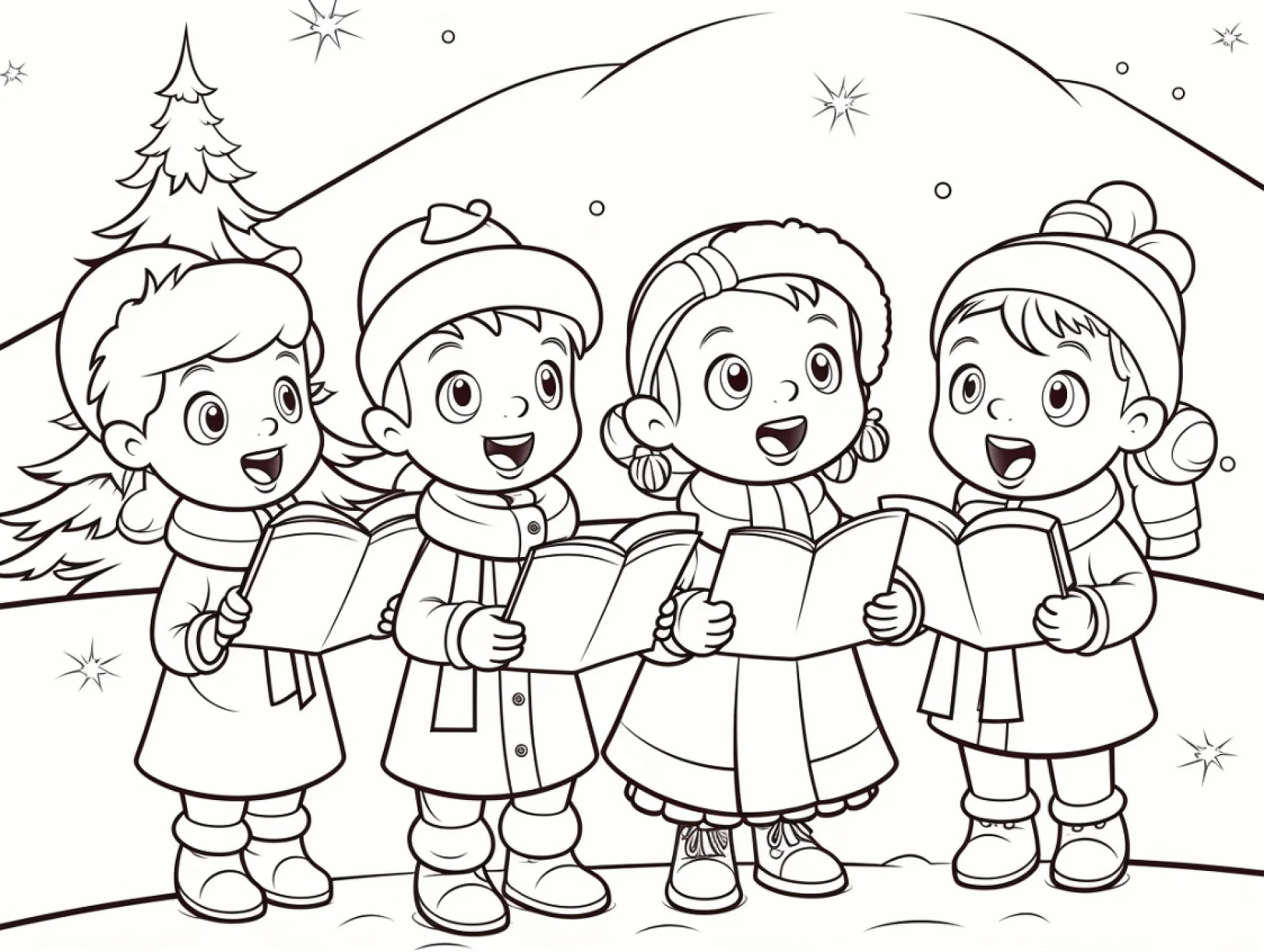 Ausmalbild Kinder singen Tannenbaum Schnee Sterne