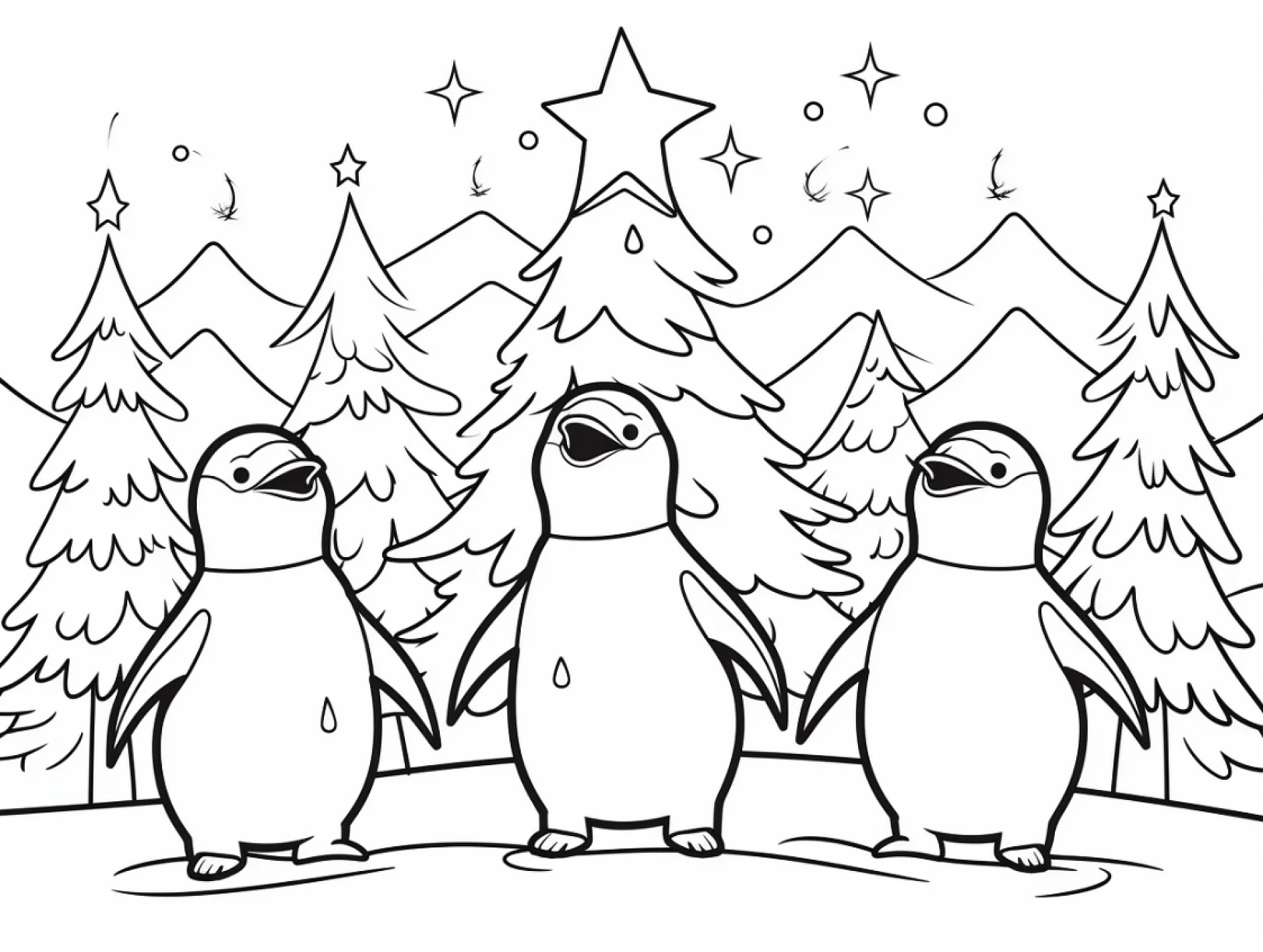 Ausmalbild Pinguine singen Tannenbaum Sterne