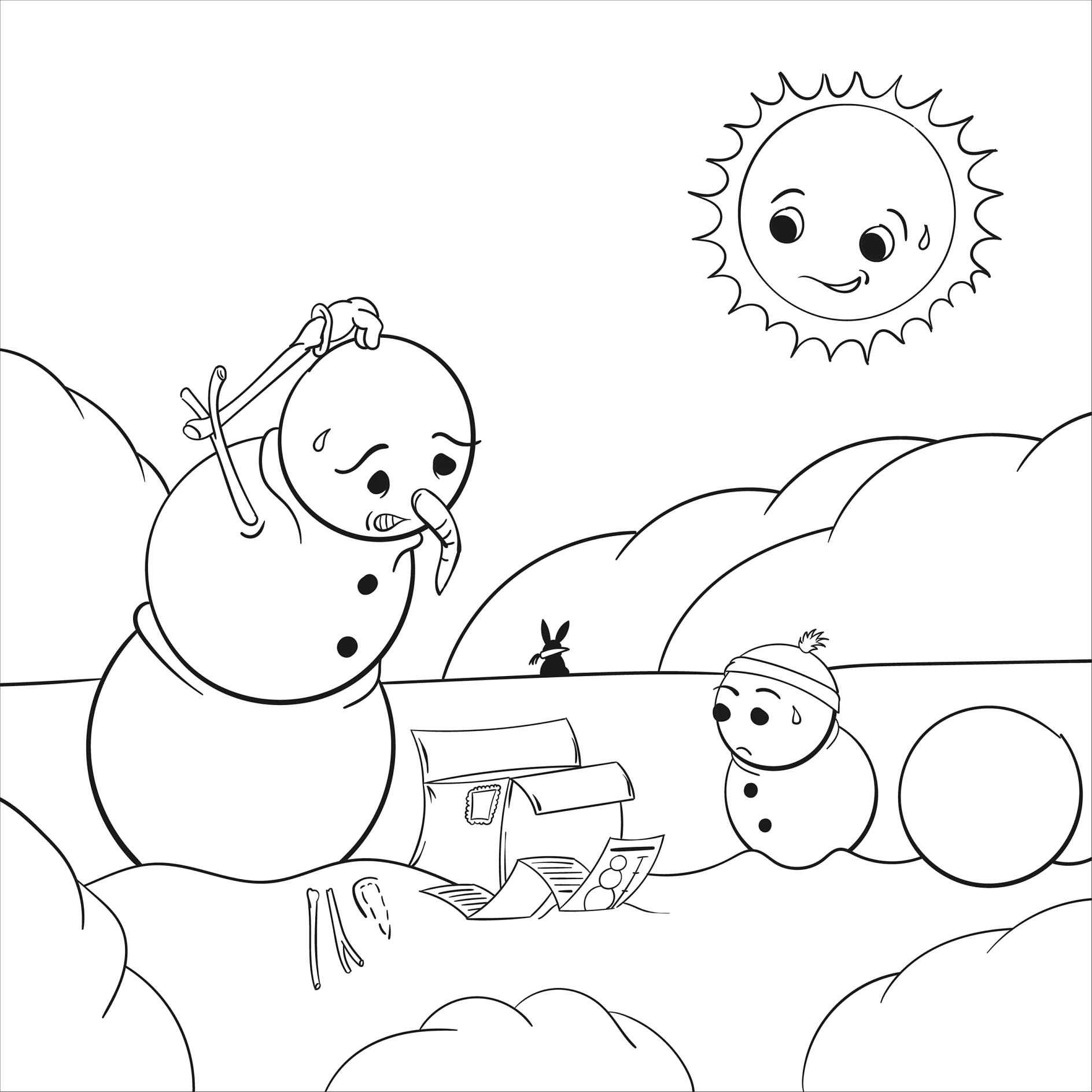 Ausmalbild schmelzende Schneemänner Sonne