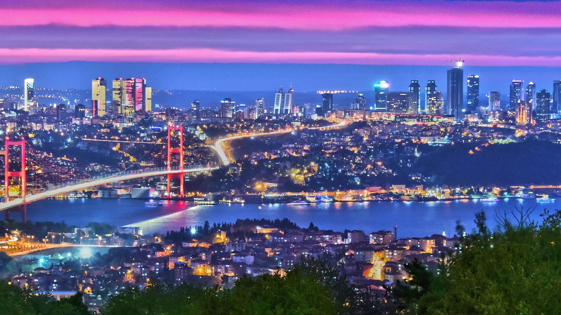 Panoramic view of Istanbul with the Bosphorus Bridge over Bosphorus strait.