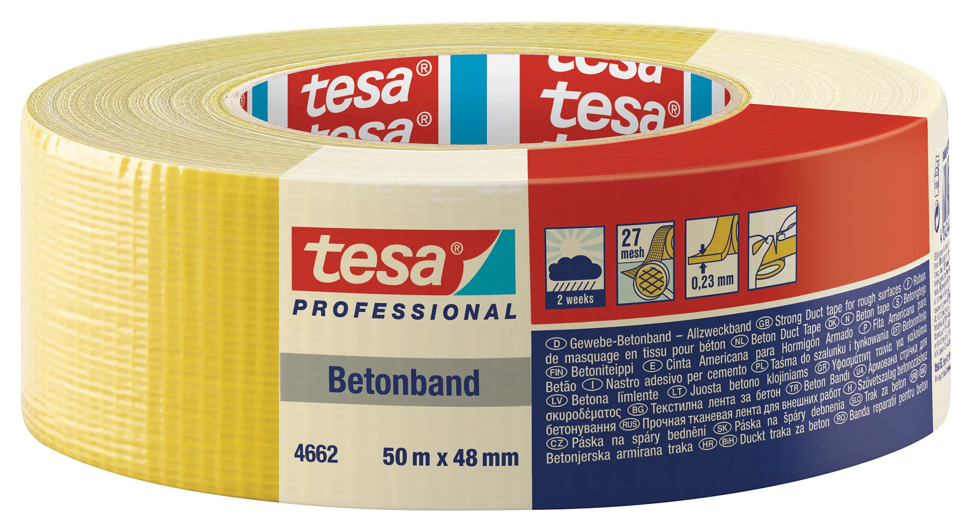 [en-en] tesa Duct tape yellow, 50m x 48mm<br />
[de-de] tesa Betonband, gelb, 50m x 48mm