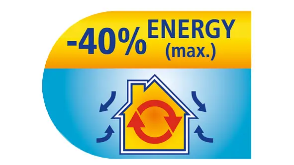 Symbol für "bis zu 40% Energieeinsparung" mit Haus und Pfeilen