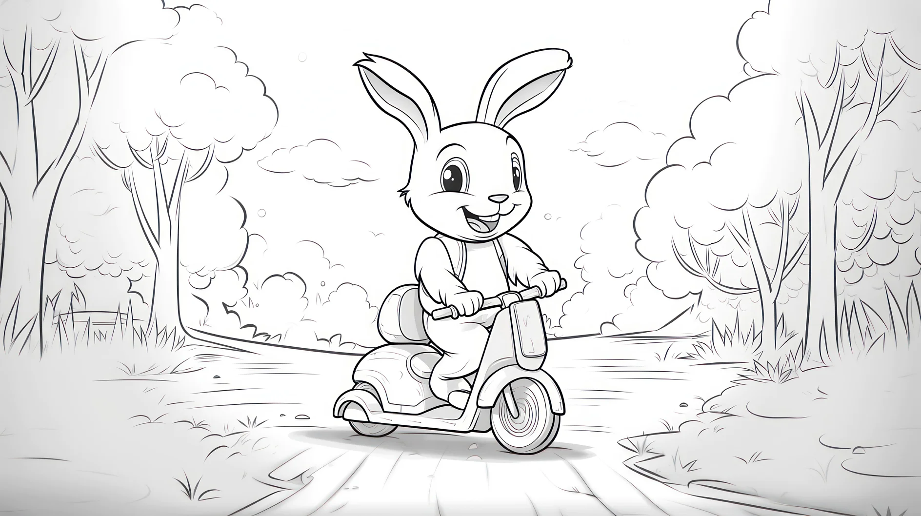 Ausmalbild Hase auf Roller im WaldHappy rabbit riding a scooter in coloring book page for kids