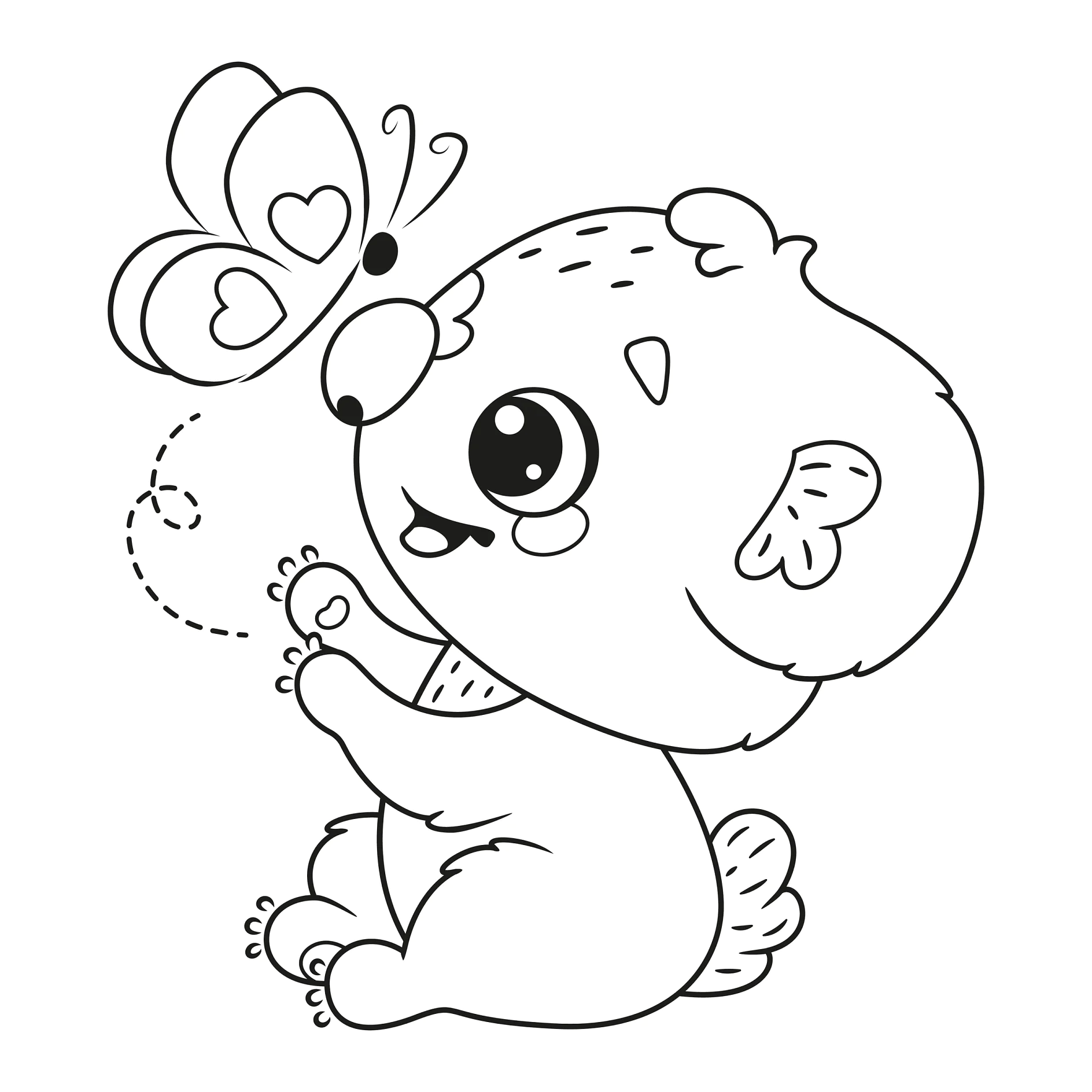 Ausmalbild Koala beobachtet SchmetterlingCute koala with butterfly coloring page