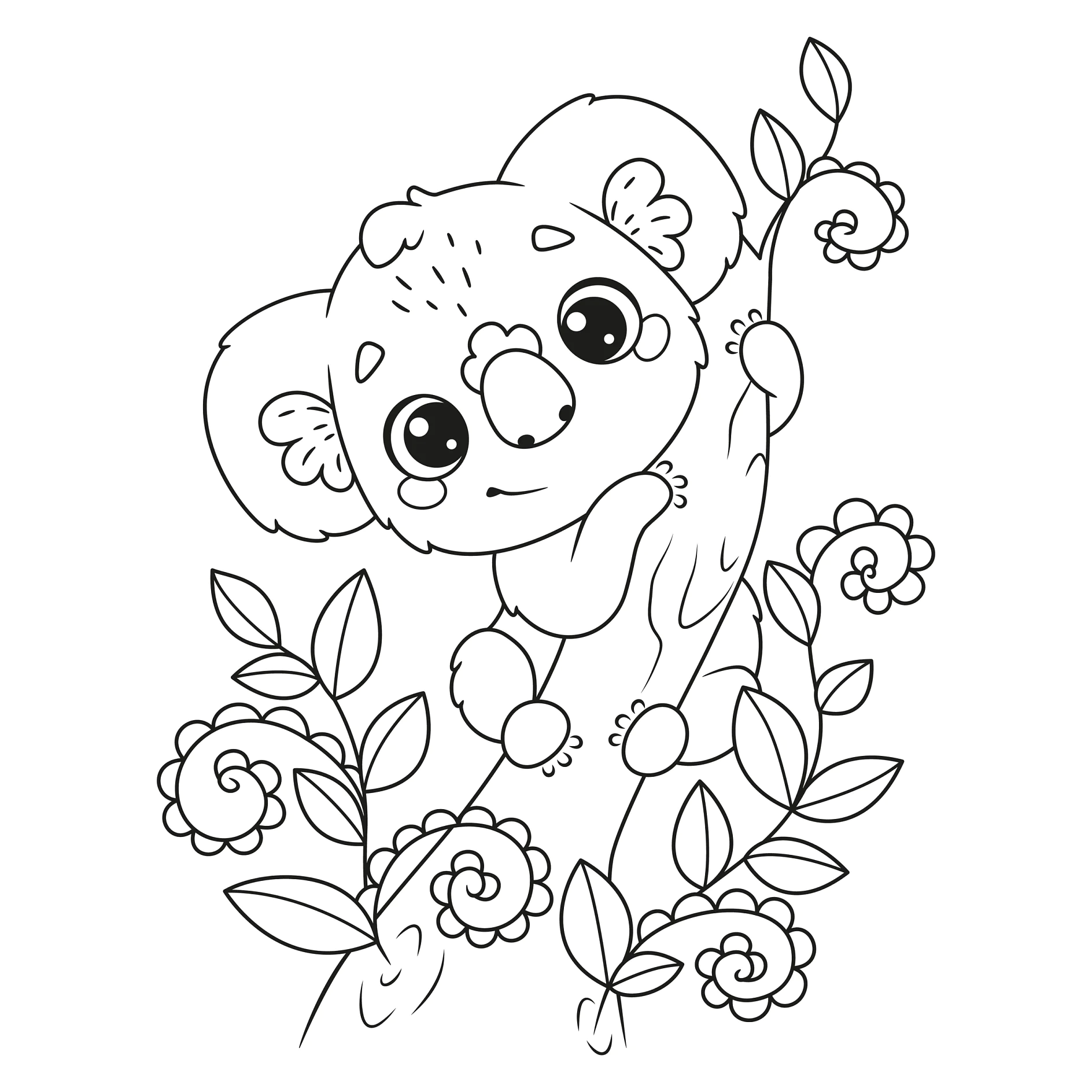 Ausmalbild Koala klettert in blühendem BuschCute koala on tree coloring page for kids