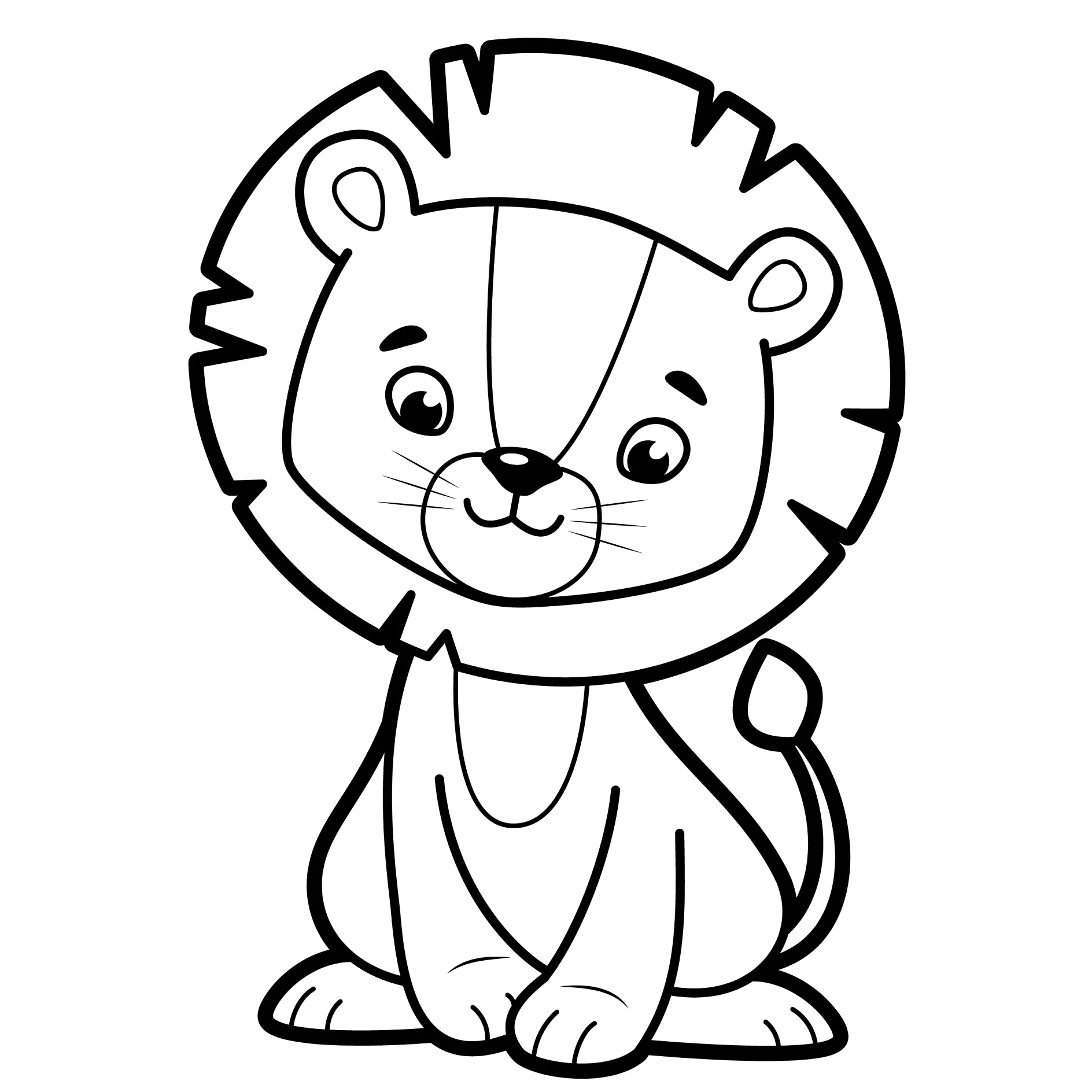 Ausmalbild Löwe sitzend mit StrichmähneColoring book or page for kids. lion black and white vector illustration