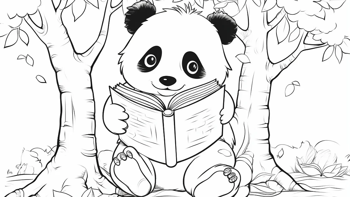 Ausmalbild Panda liest Buch unter Bäumen