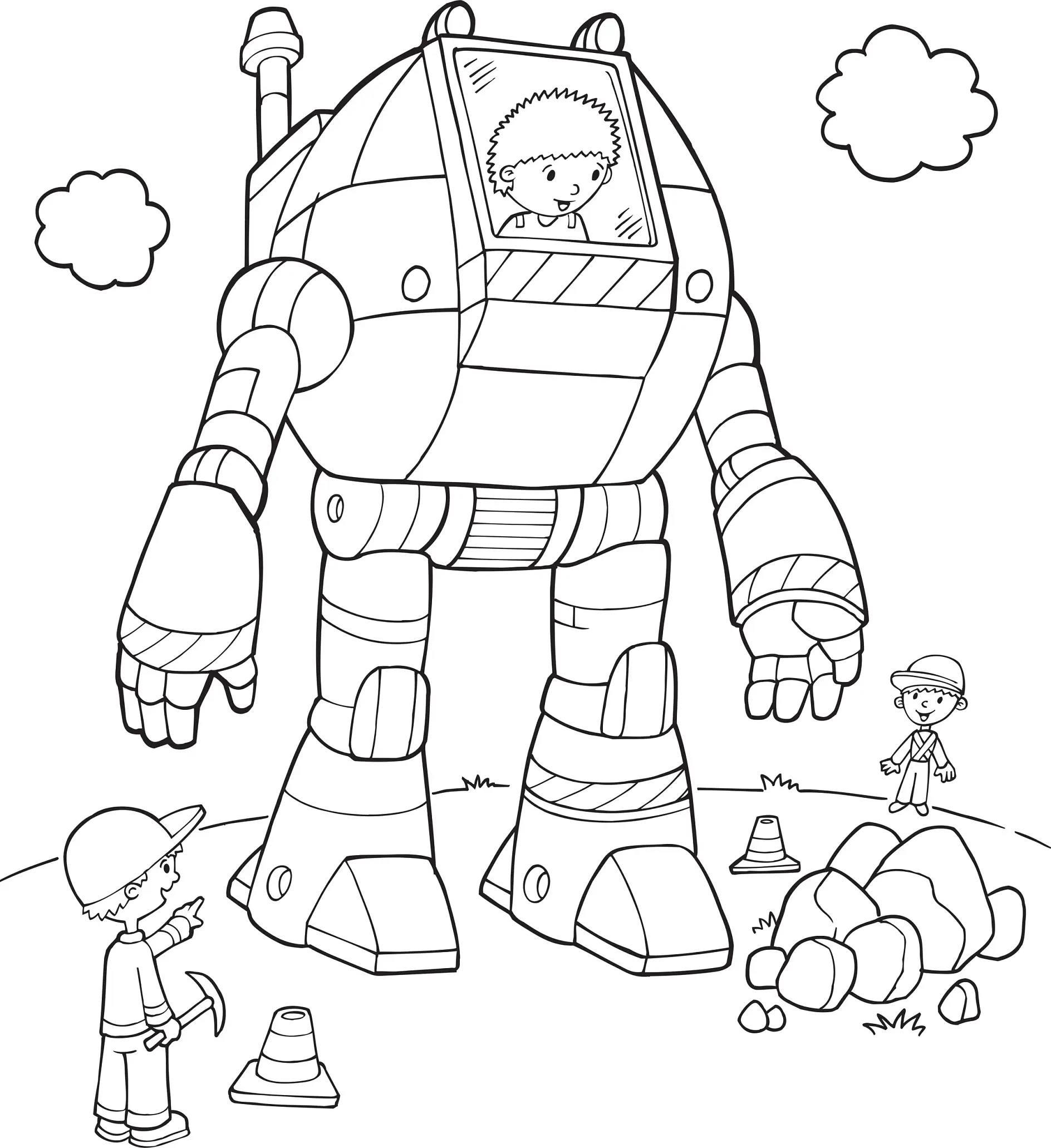 Ausmalbild Großer Roboter mit Kind und Bauarbeiter