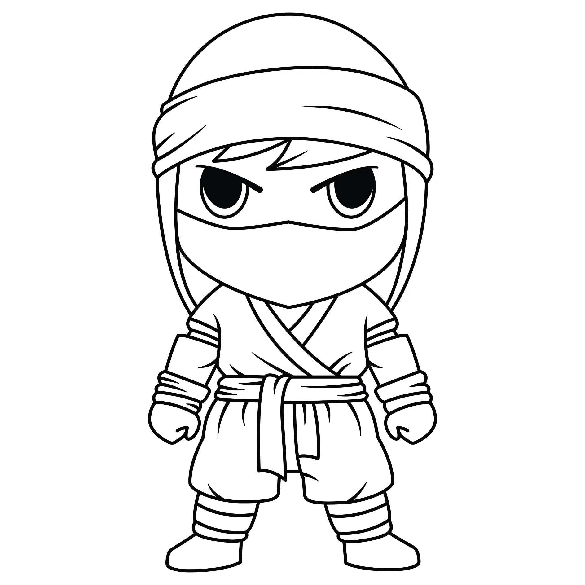 Ausmalbild kleiner Ninja mit Stirnband und entschlossener Haltung