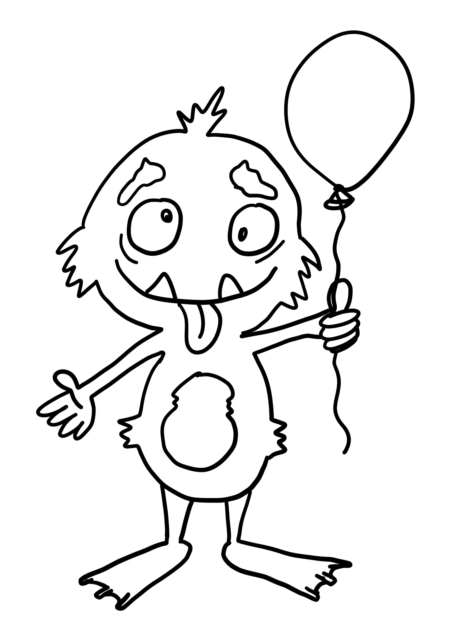 Ausmalbild Monster mit Ballon und herausgestreckter Zunge