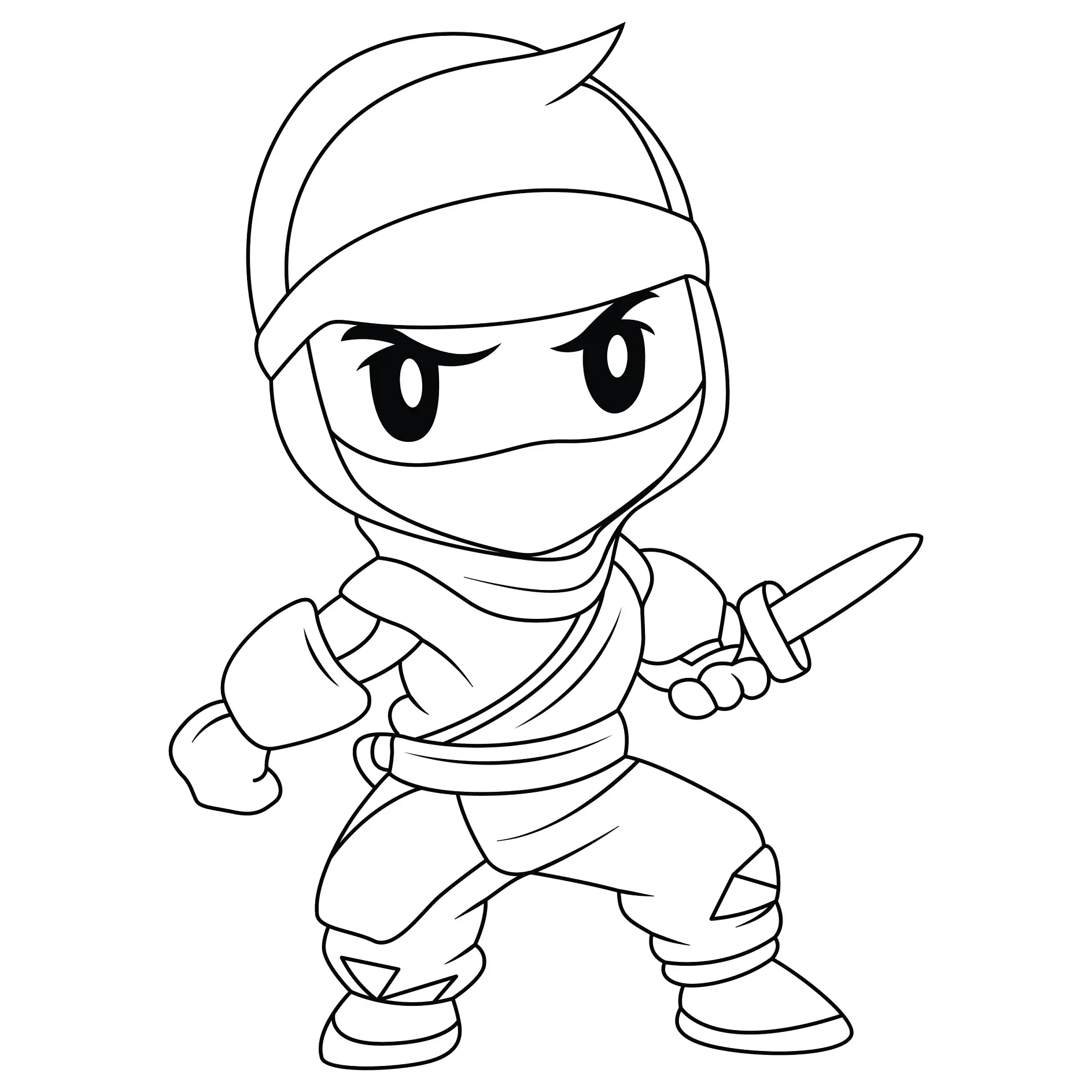 Ausmalbild Ninja bereit zum Kampf mit gezogenem Dolch