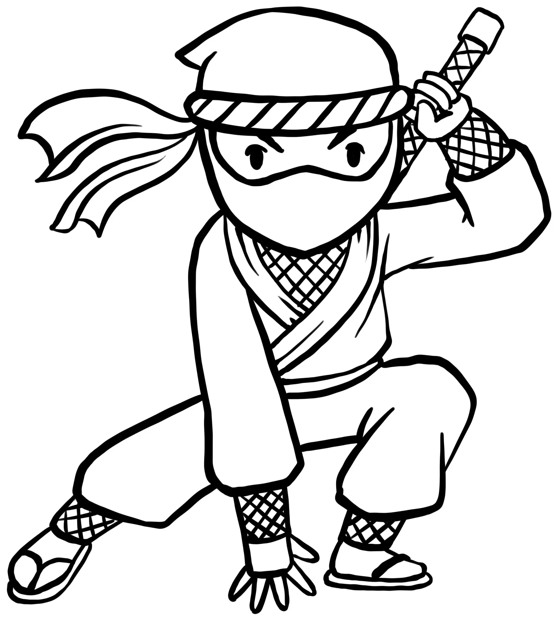 Ausmalbild Ninja in Hockstellung mit Schwert und Bandana