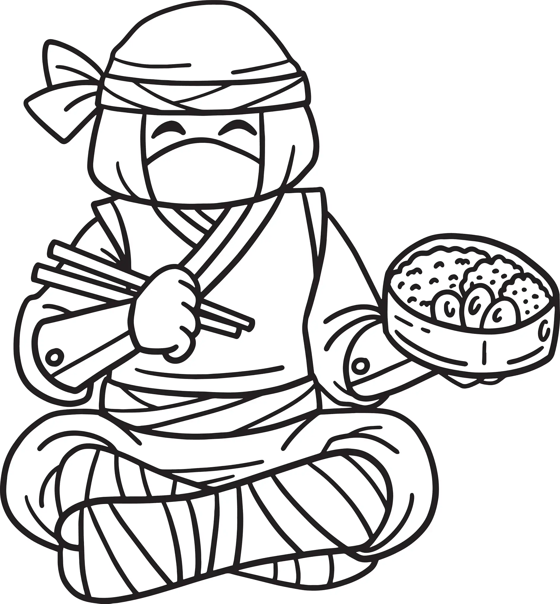 Ausmalbild Ninja isst Reis mit Stäbchen
