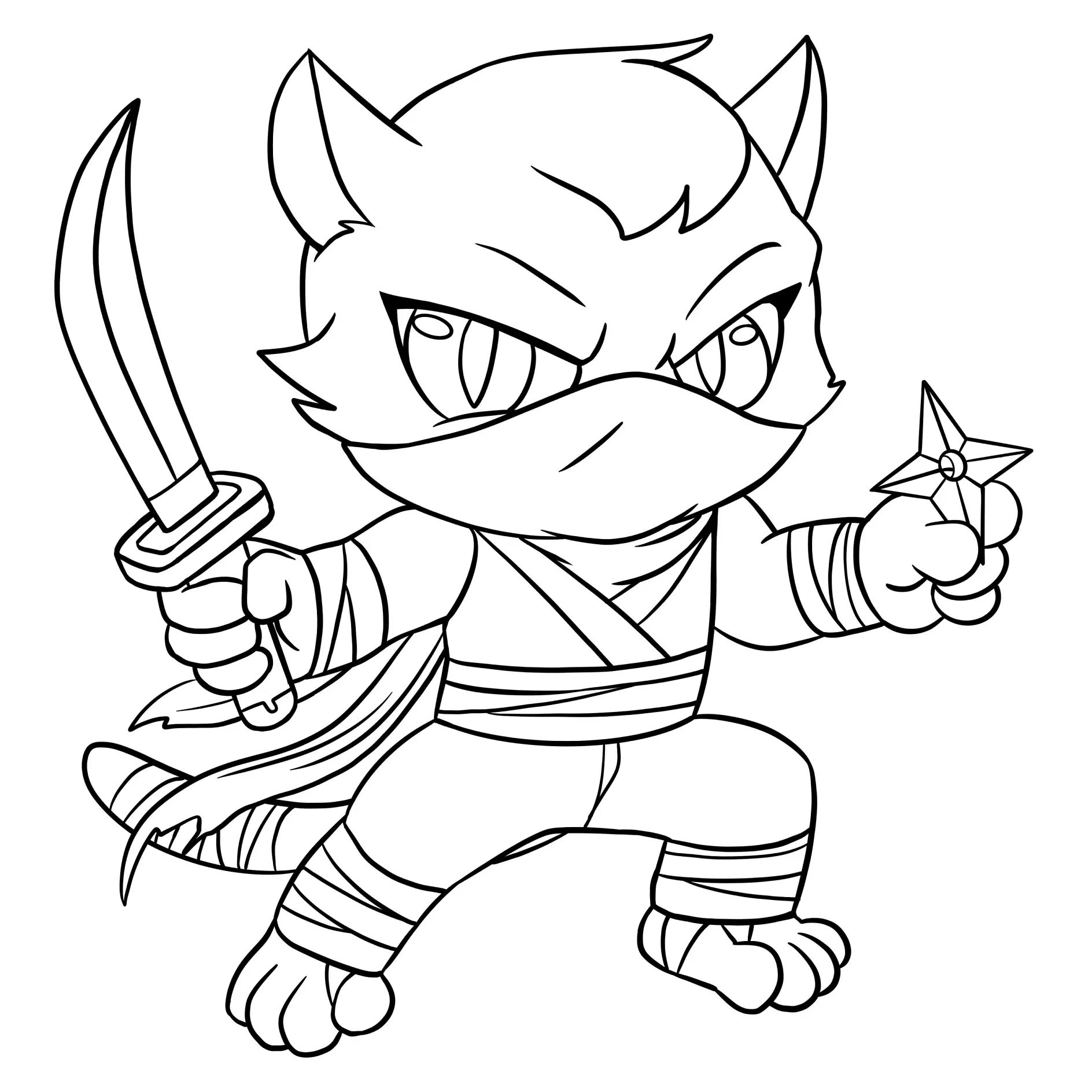 Ausmalbild Ninja Katze mit Schwert und Wurfstern