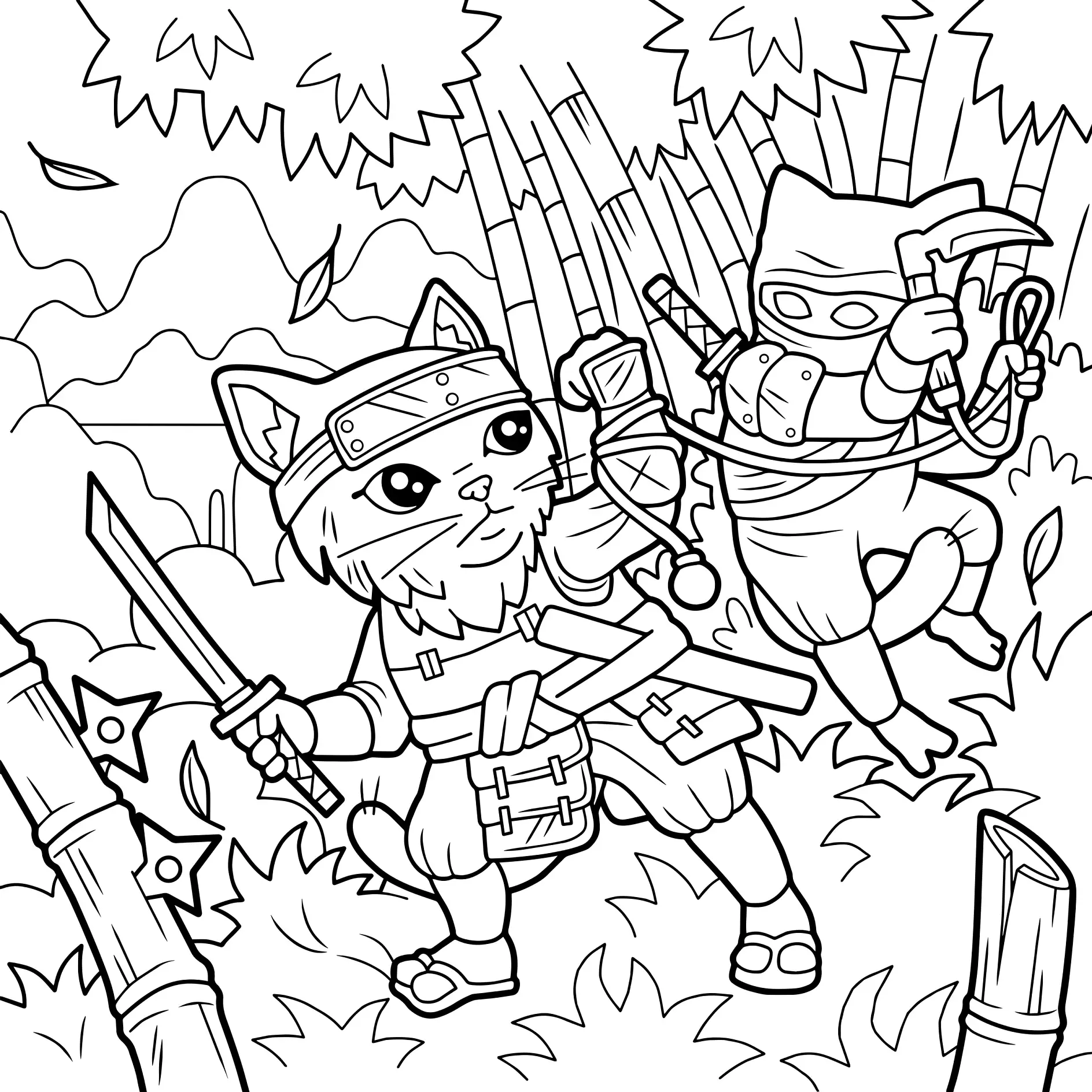 Ausmalbild Ninja Katzen mit Waffen im Wald