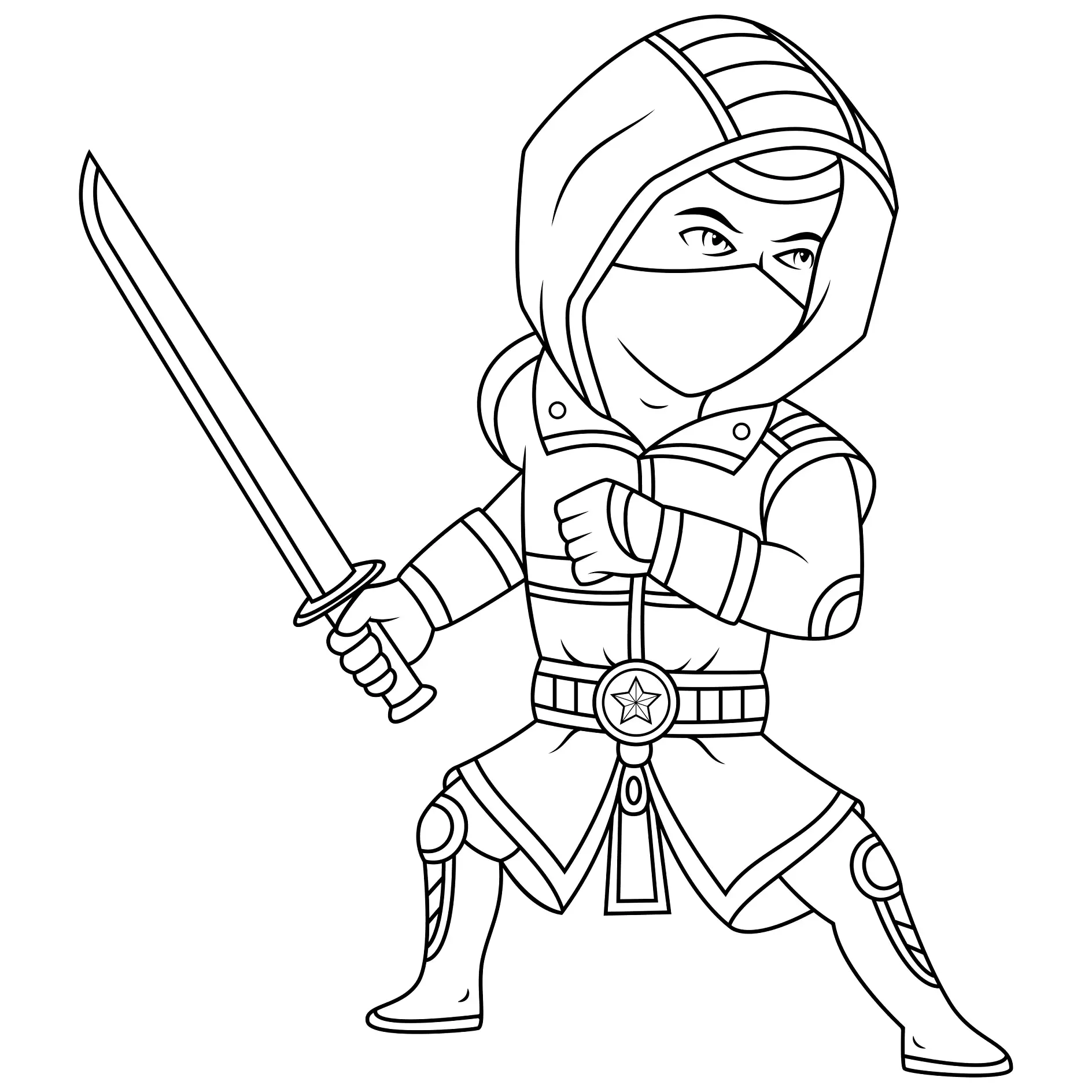 Ausmalbild Ninja mit Kapuze und gezogenem Schwert