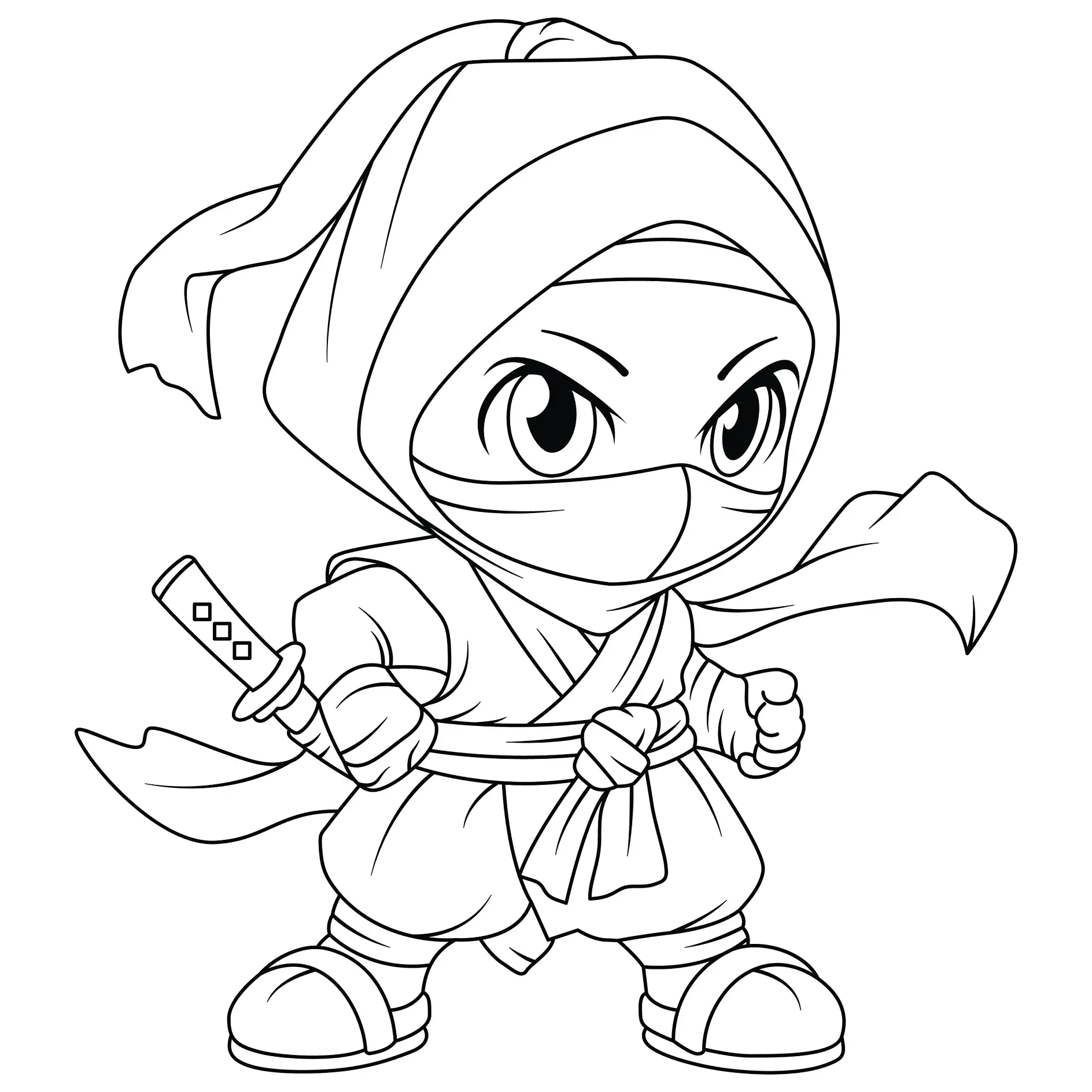 Ausmalbild Ninja mit Kopftuch und bereitem Schwert