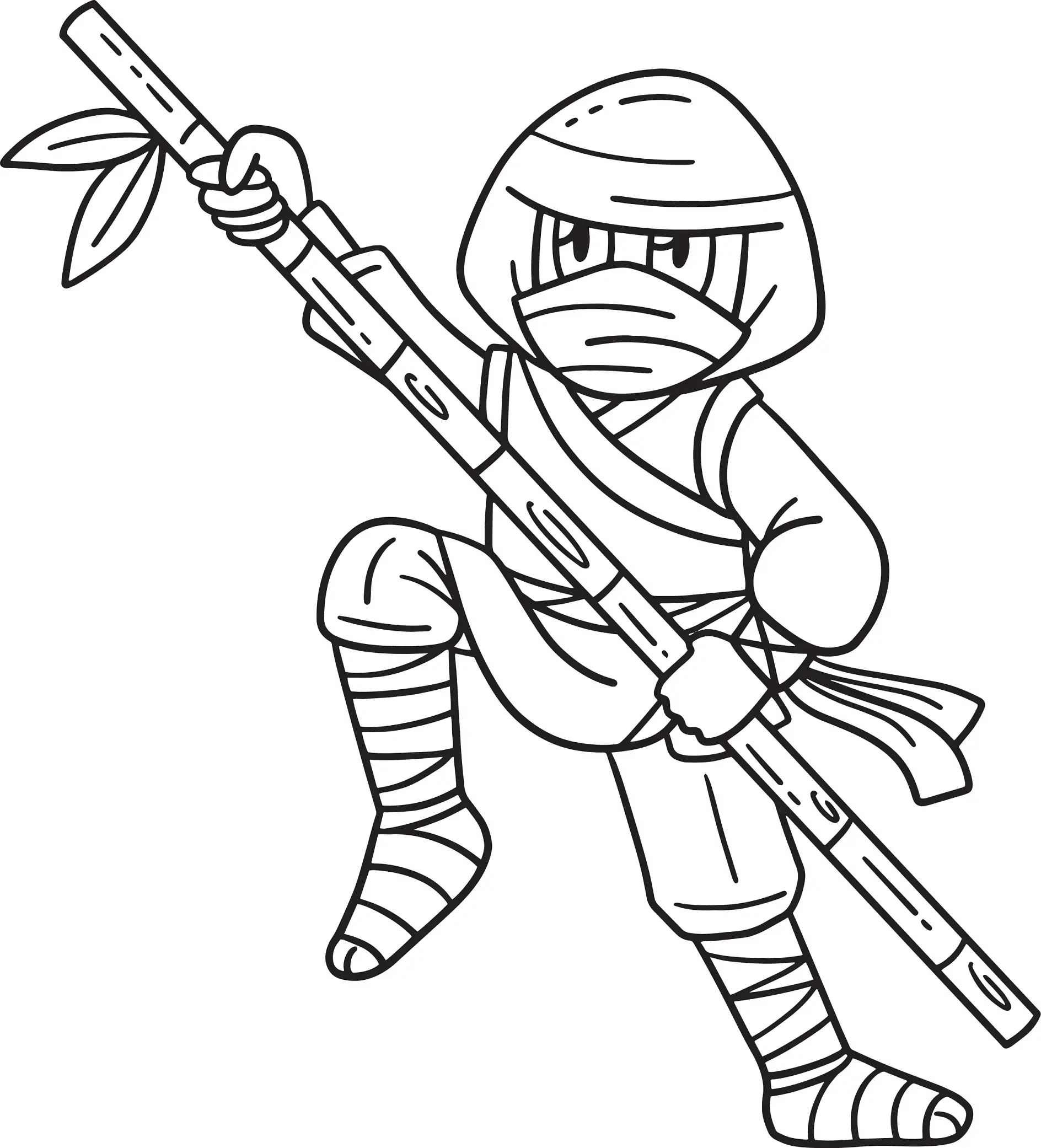 Ausmalbild Ninja mit Langstab in Kampfhaltung