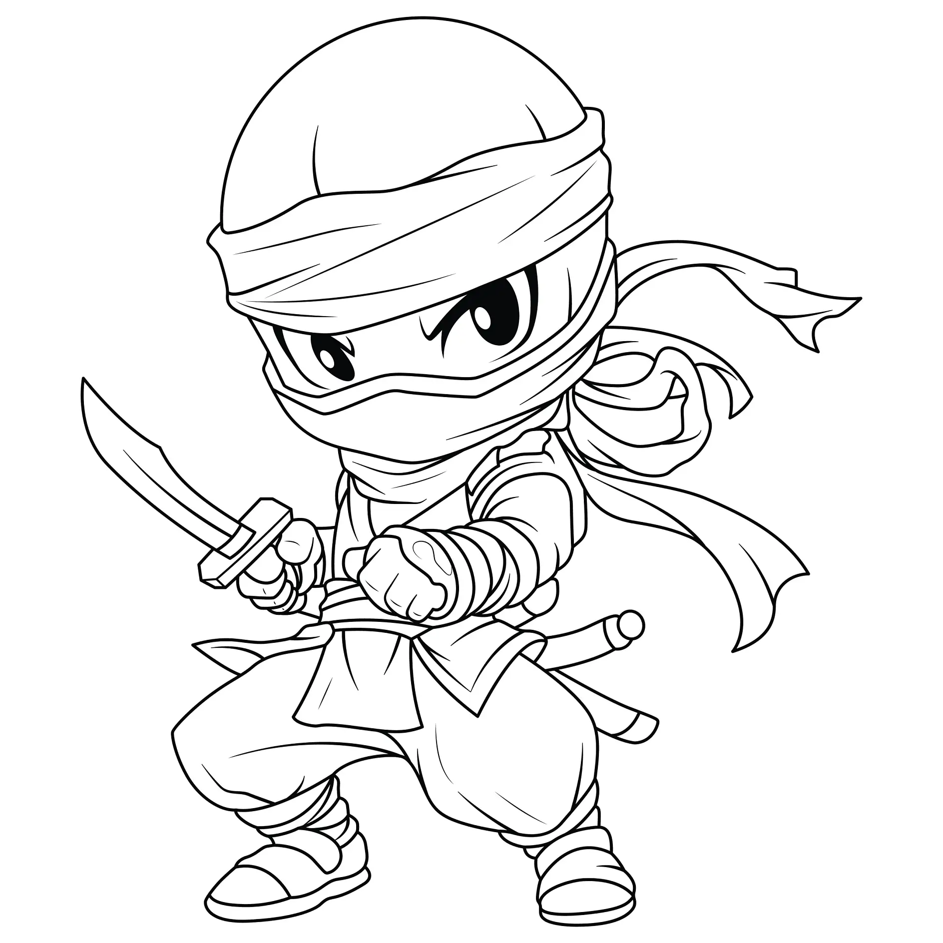 Ausmalbild Ninja mit Schwert in Kampfhaltung