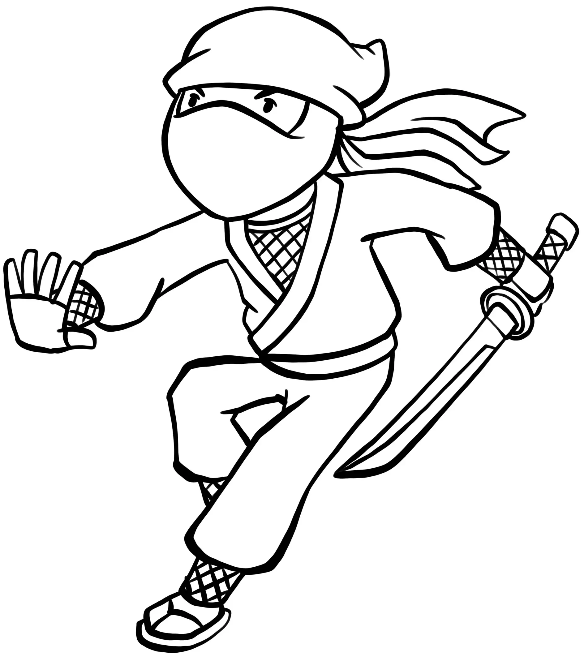 Ausmalbild Ninja mit Schwert und Abwehrgeste
