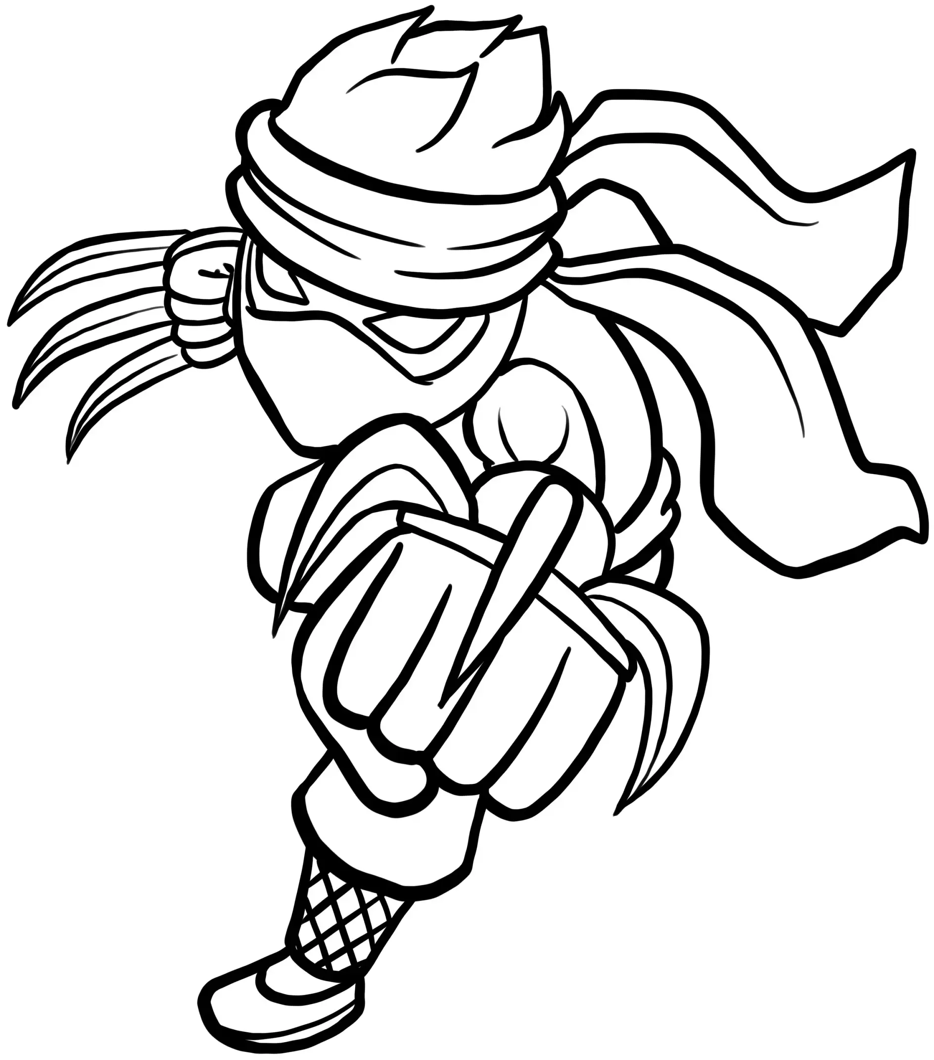 Ausmalbild Ninja rennt mit Stirnband und Fäusten