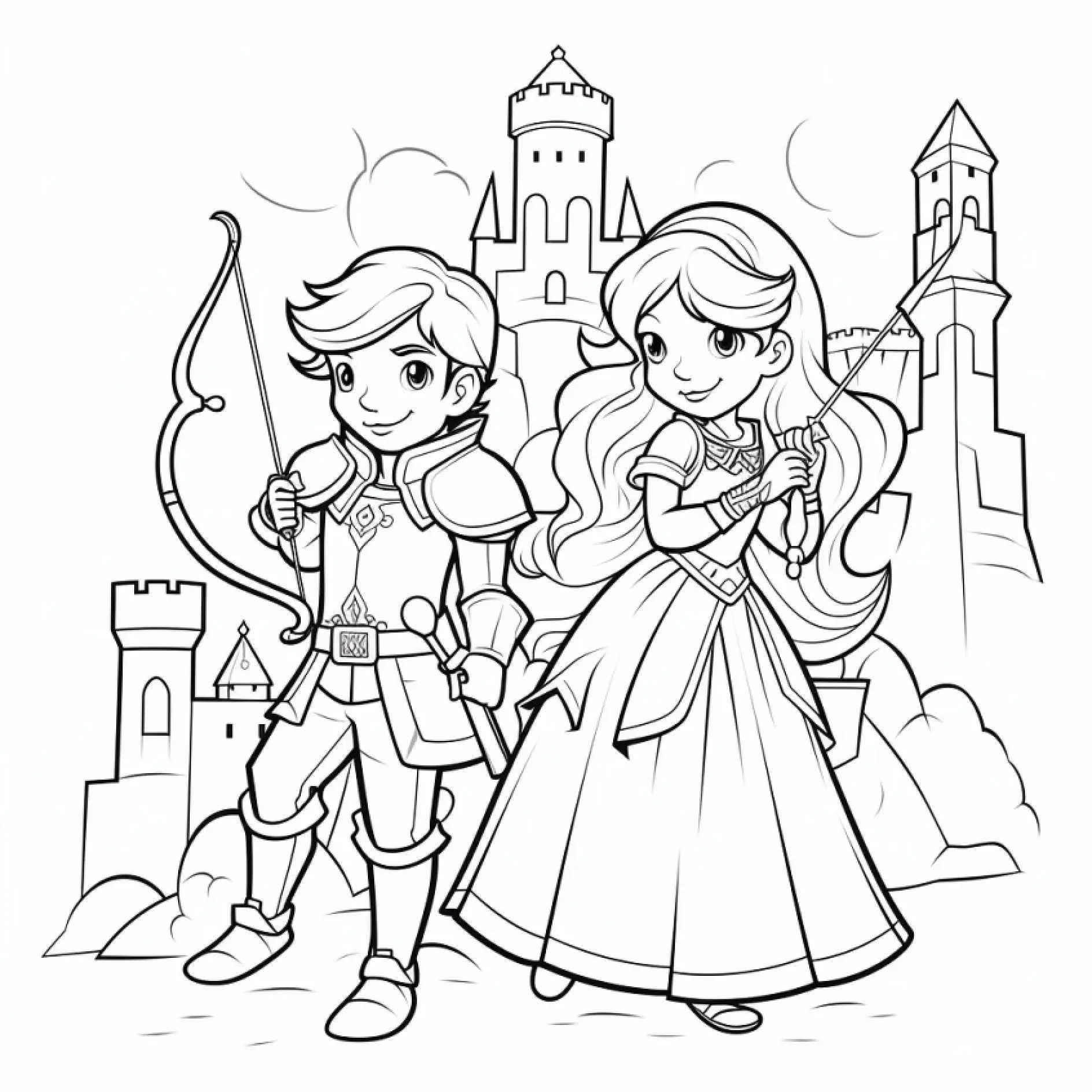 Ausmalbild Prinz und Prinzessin mit Bogen vor Schloss